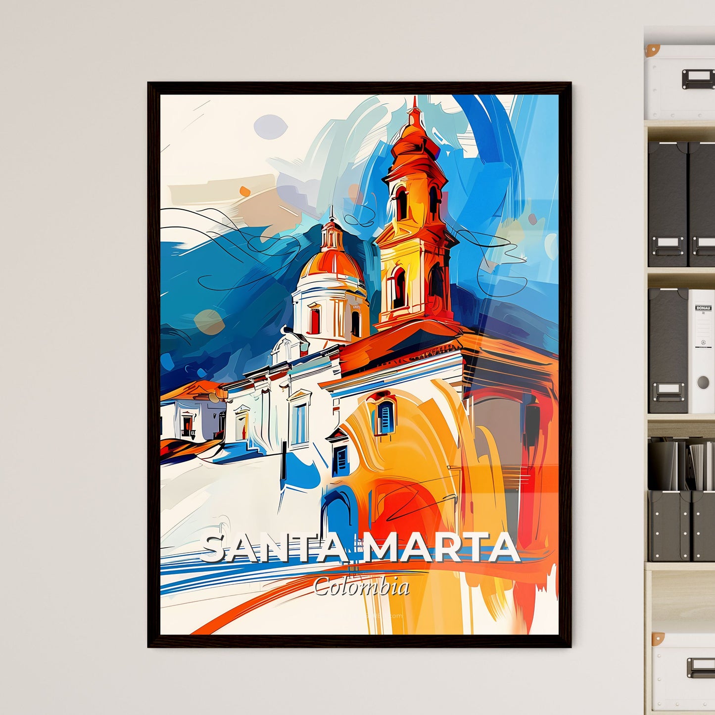 Vibrant Santa Marta, Colombia - A Painting Of A Building With A Steeple