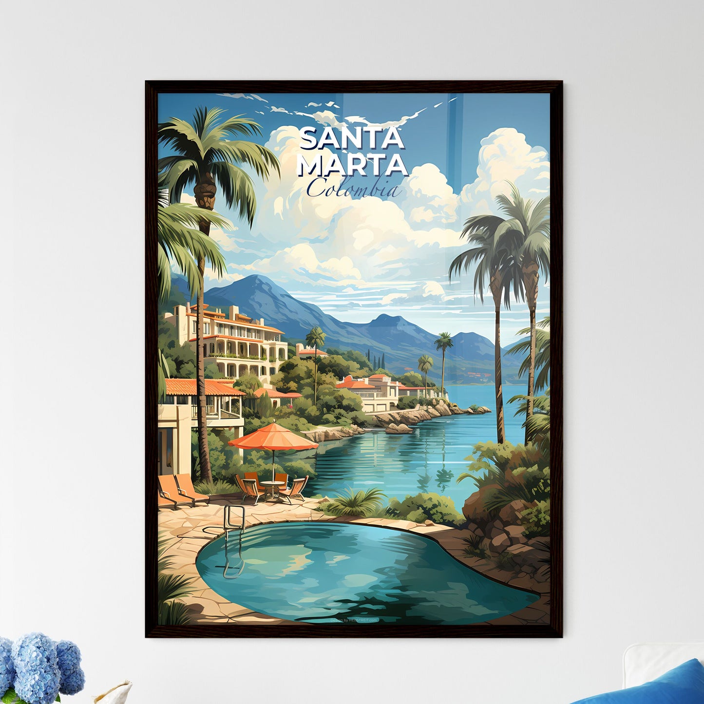 Vibrant Tropical Art Painting: Santa Marta Colombia Skyline with Pool, Chairs, and Palm Trees at Water's Edge Default Title