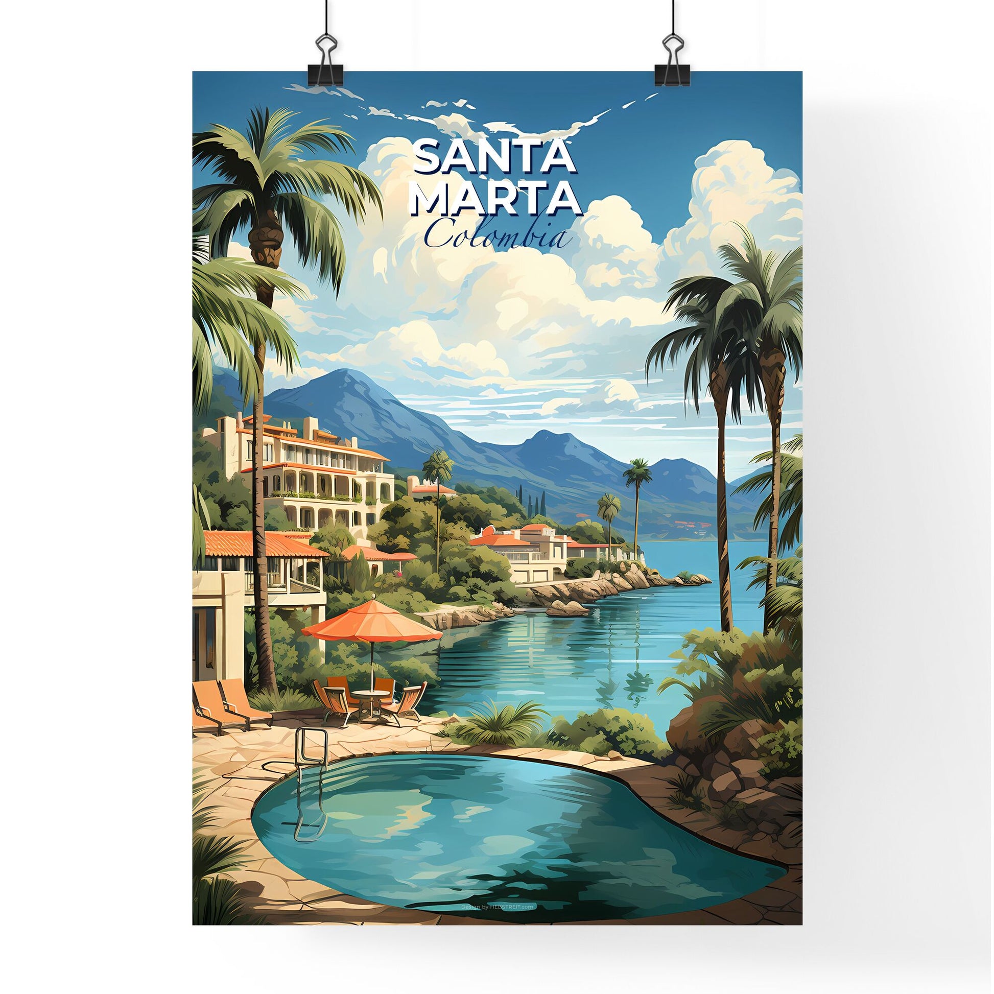 Vibrant Tropical Art Painting: Santa Marta Colombia Skyline with Pool, Chairs, and Palm Trees at Water's Edge Default Title