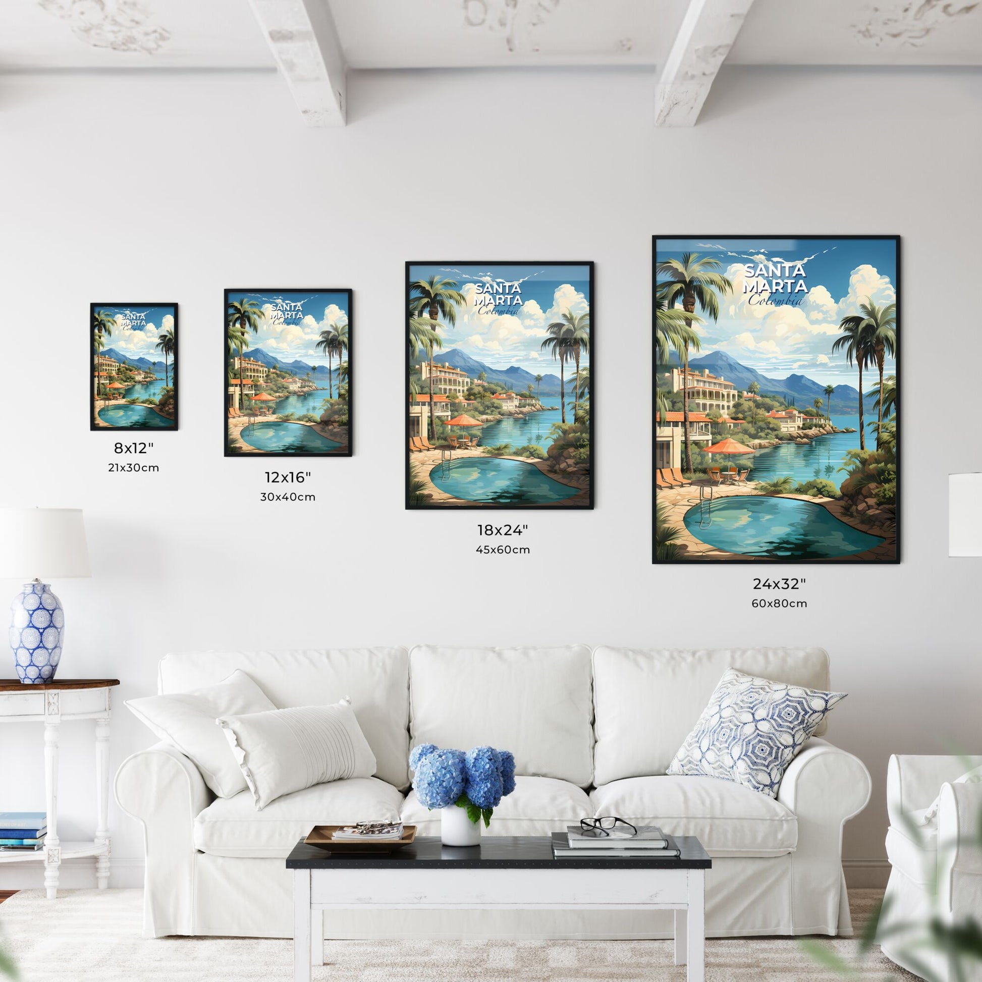 Vibrant Tropical Art Painting: Santa Marta Colombia Skyline with Pool, Chairs, and Palm Trees at Water's Edge Default Title