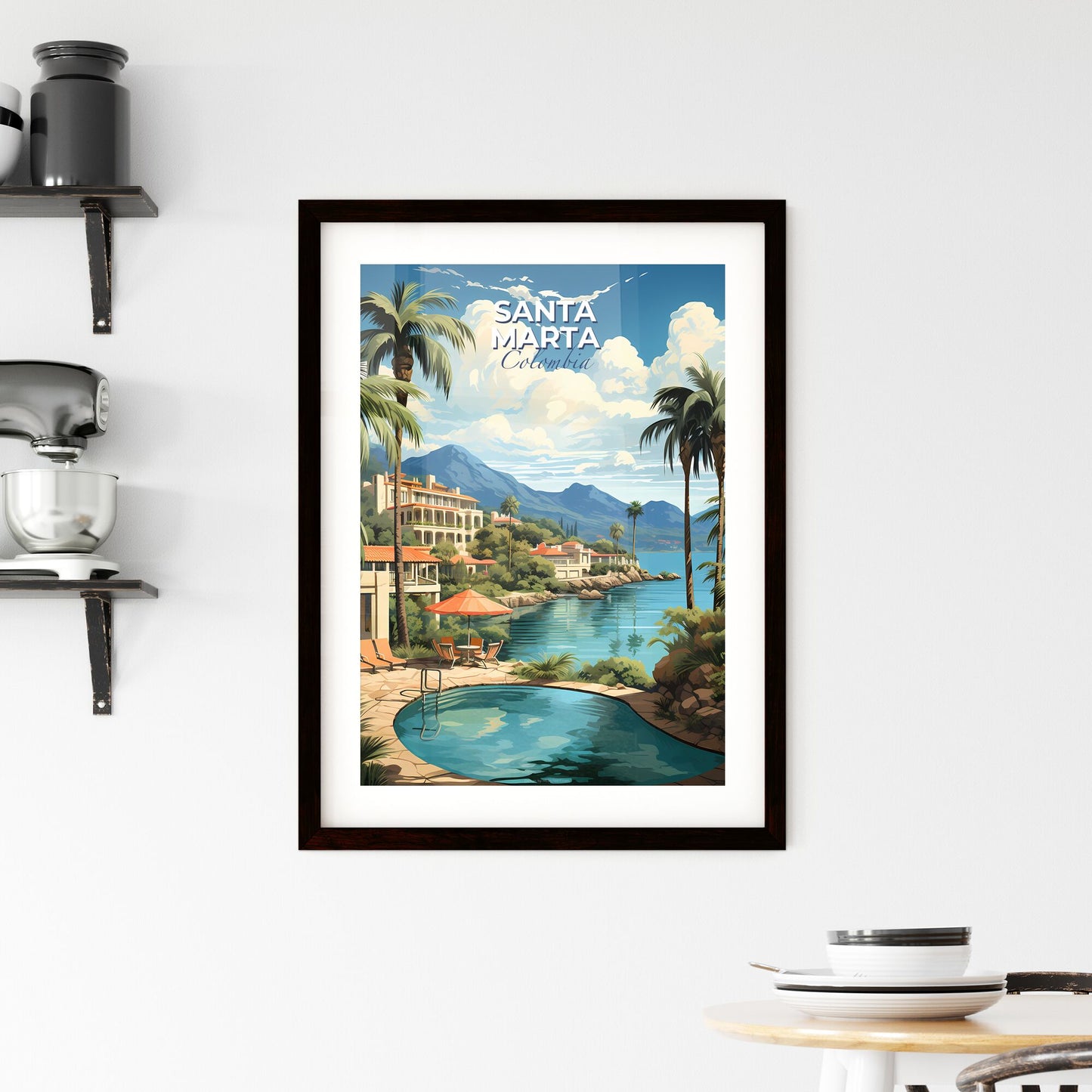 Vibrant Tropical Art Painting: Santa Marta Colombia Skyline with Pool, Chairs, and Palm Trees at Water's Edge Default Title