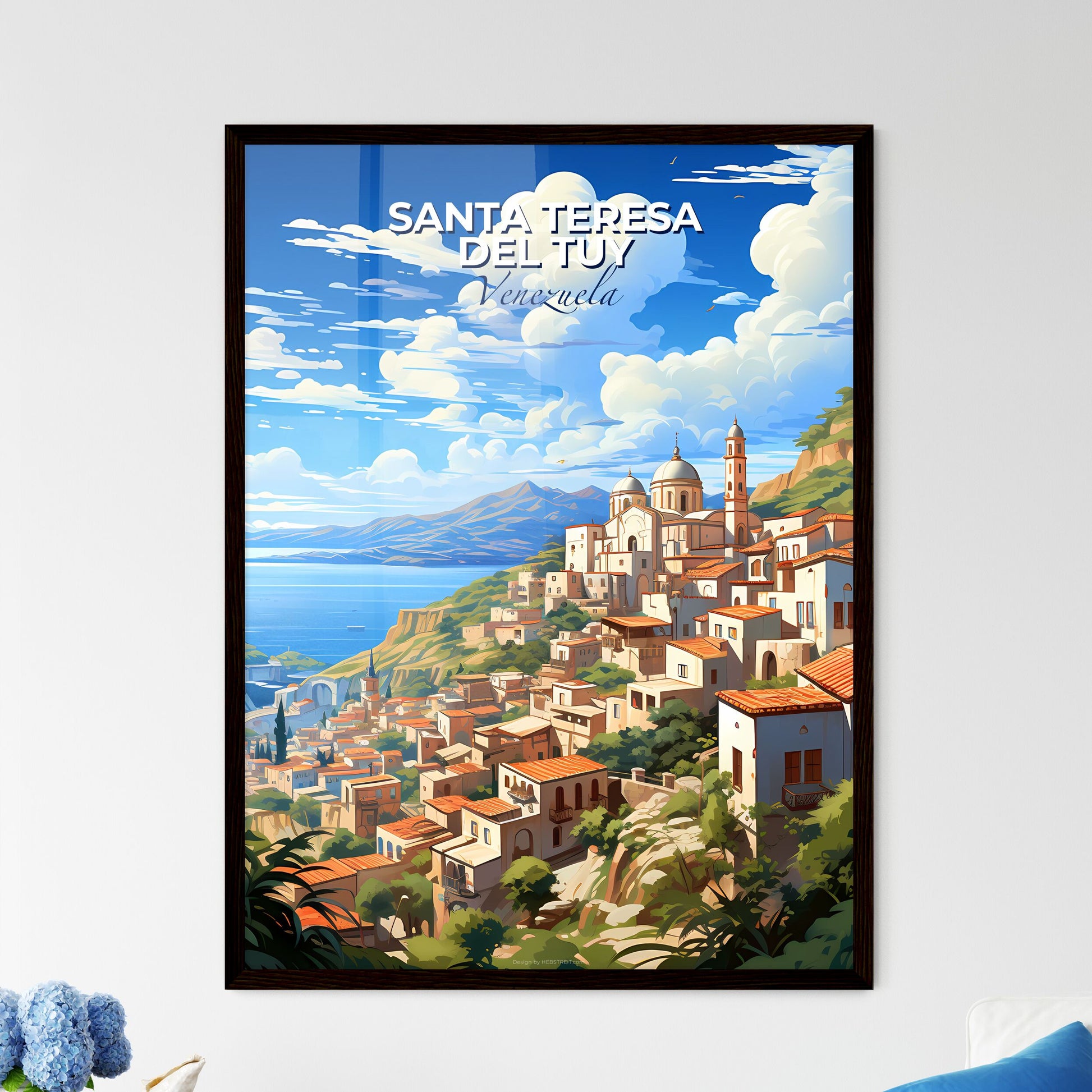 Vibrant Painting of Colorful Santa Teresa del Tuy Venezuela Skyline City on a Hill Overlooking Body of Water Default Title