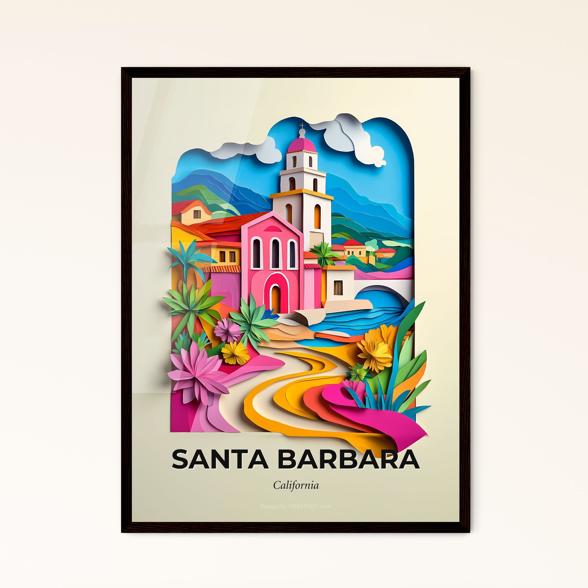 Vivid Santa Barbara, California - a paper cut of a church and a beach