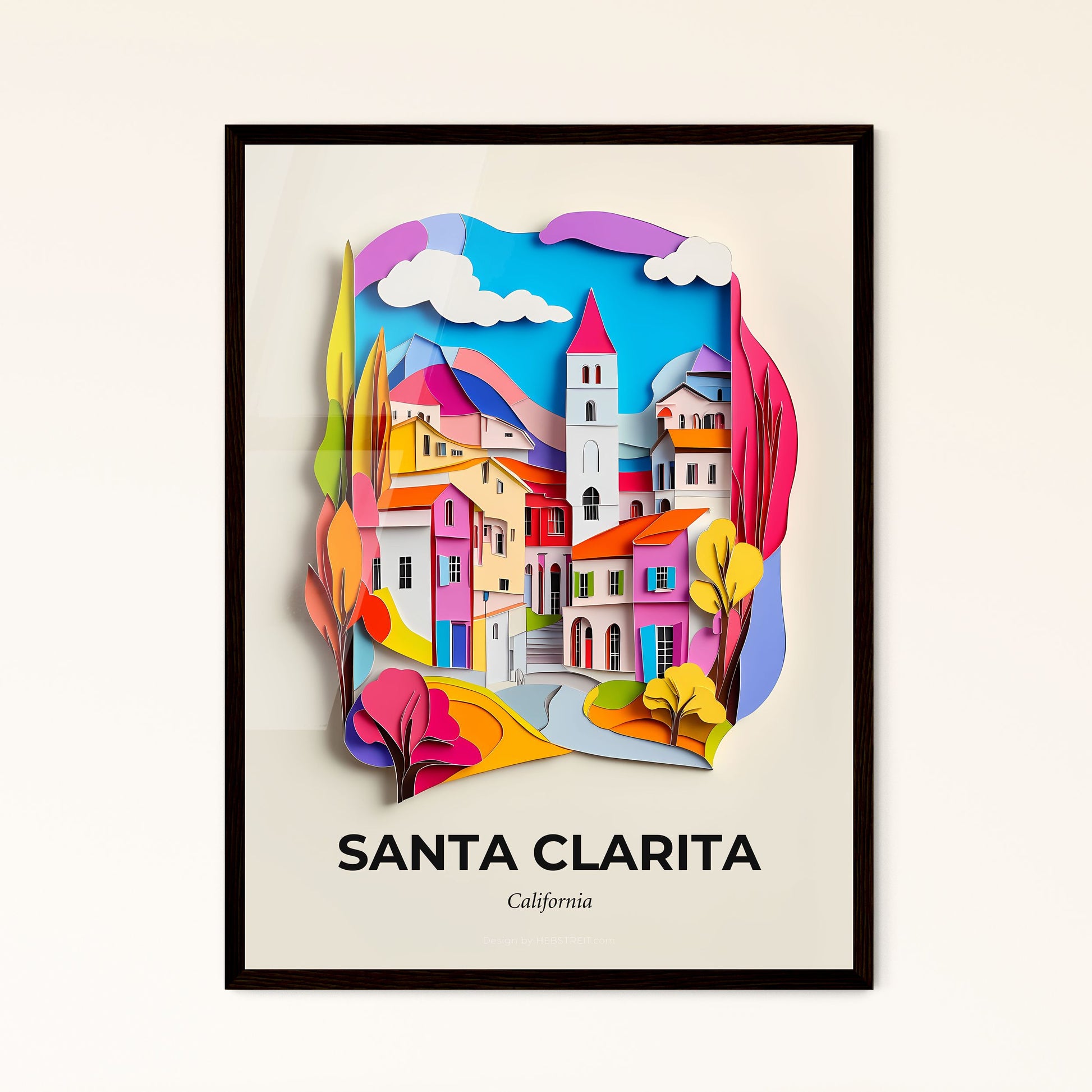 Vivid Santa Clarita, California - a paper cut of a town with a clock tower