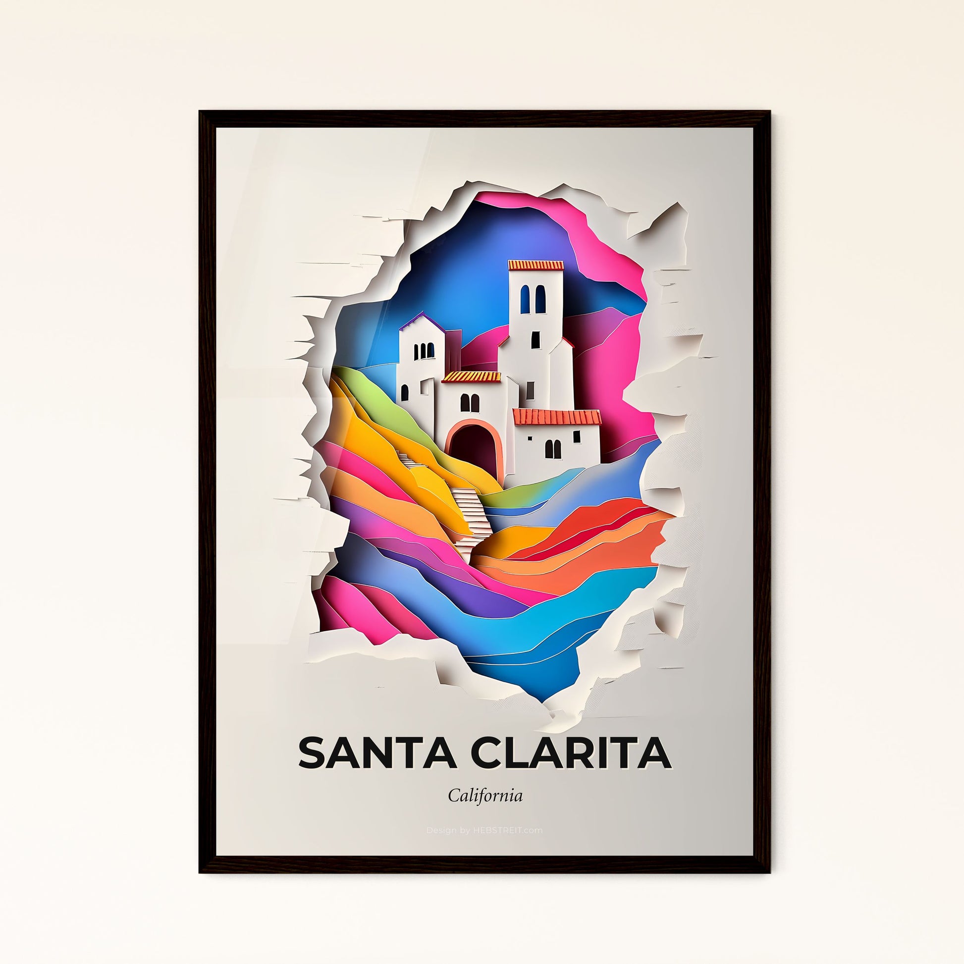 Vivid Santa Clarita, California - a paper cut of a church with a rainbow mountain in the background