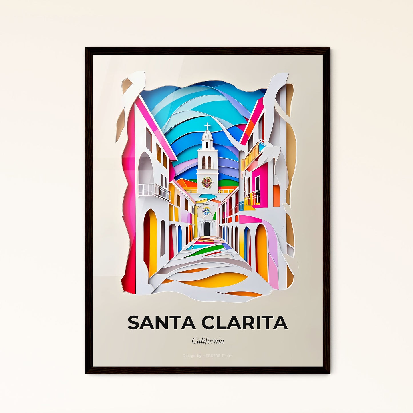 Vivid Santa Clarita, California - a paper cut of a colorful street with a church