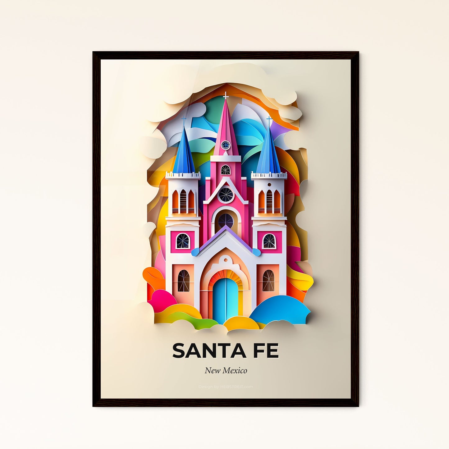 Vivid Santa Fe, New Mexico - a paper cut of a church with a rainbow colored roof