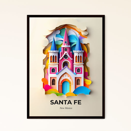 Vivid Santa Fe, New Mexico - a paper cut of a church with a rainbow colored roof