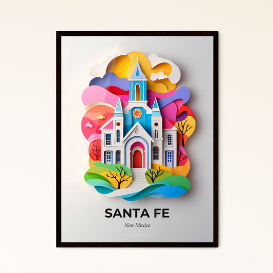 Vivid Santa Fe, New Mexico - a church with a clock on the front of it