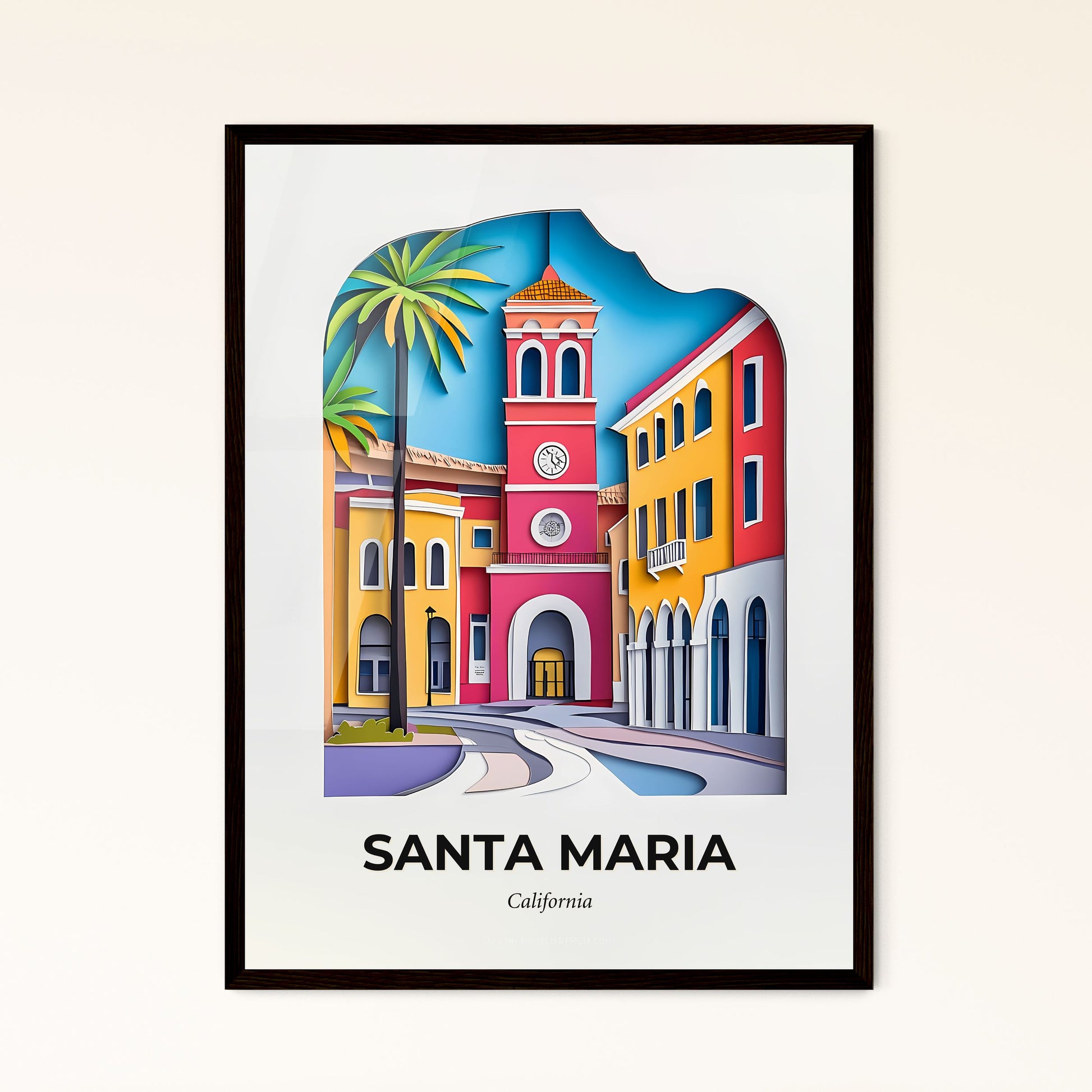 Vivid Santa Maria, California - a painting of a colorful building with a clock tower