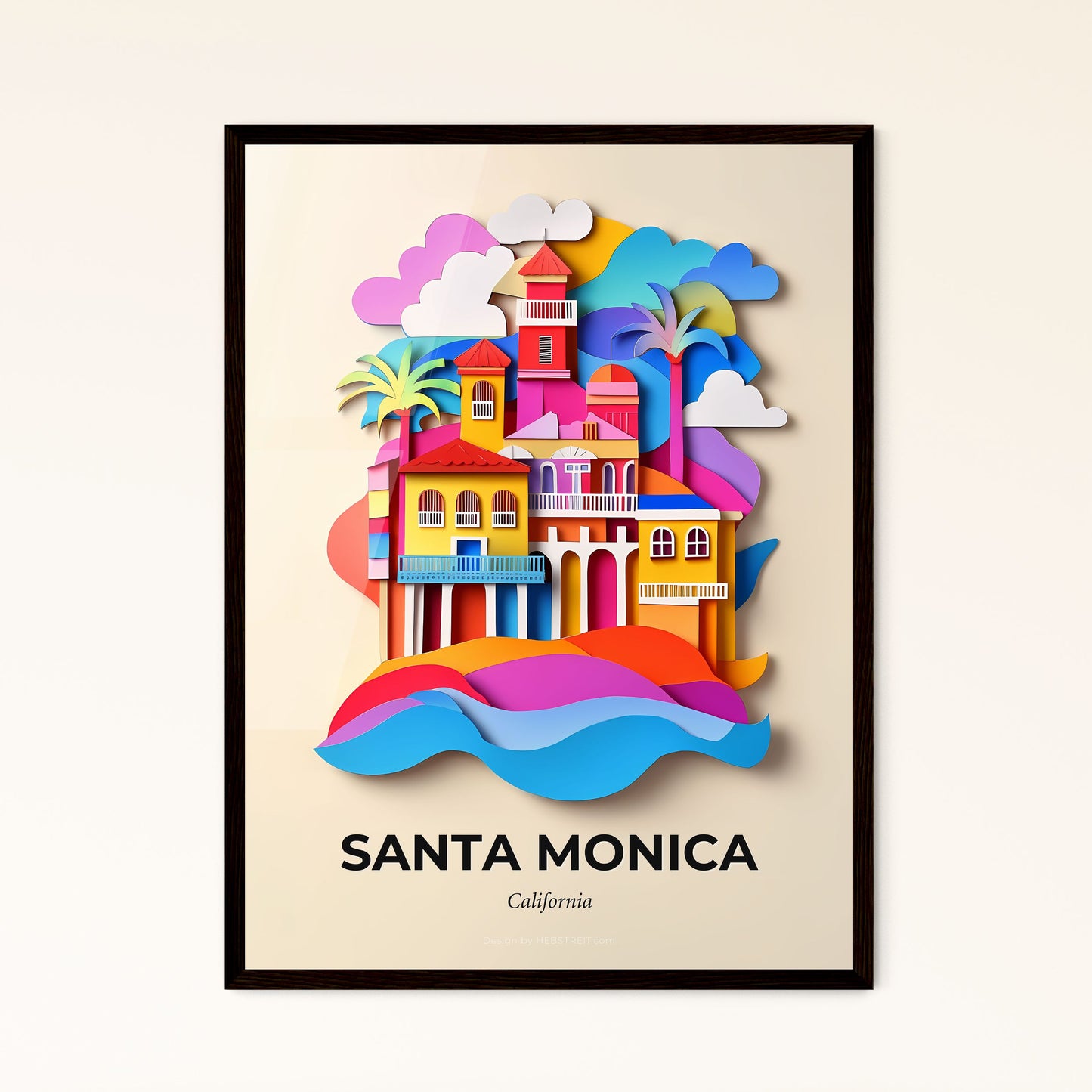 Vivid Santa Monica, California - a colorful paper cut of a house on a beach