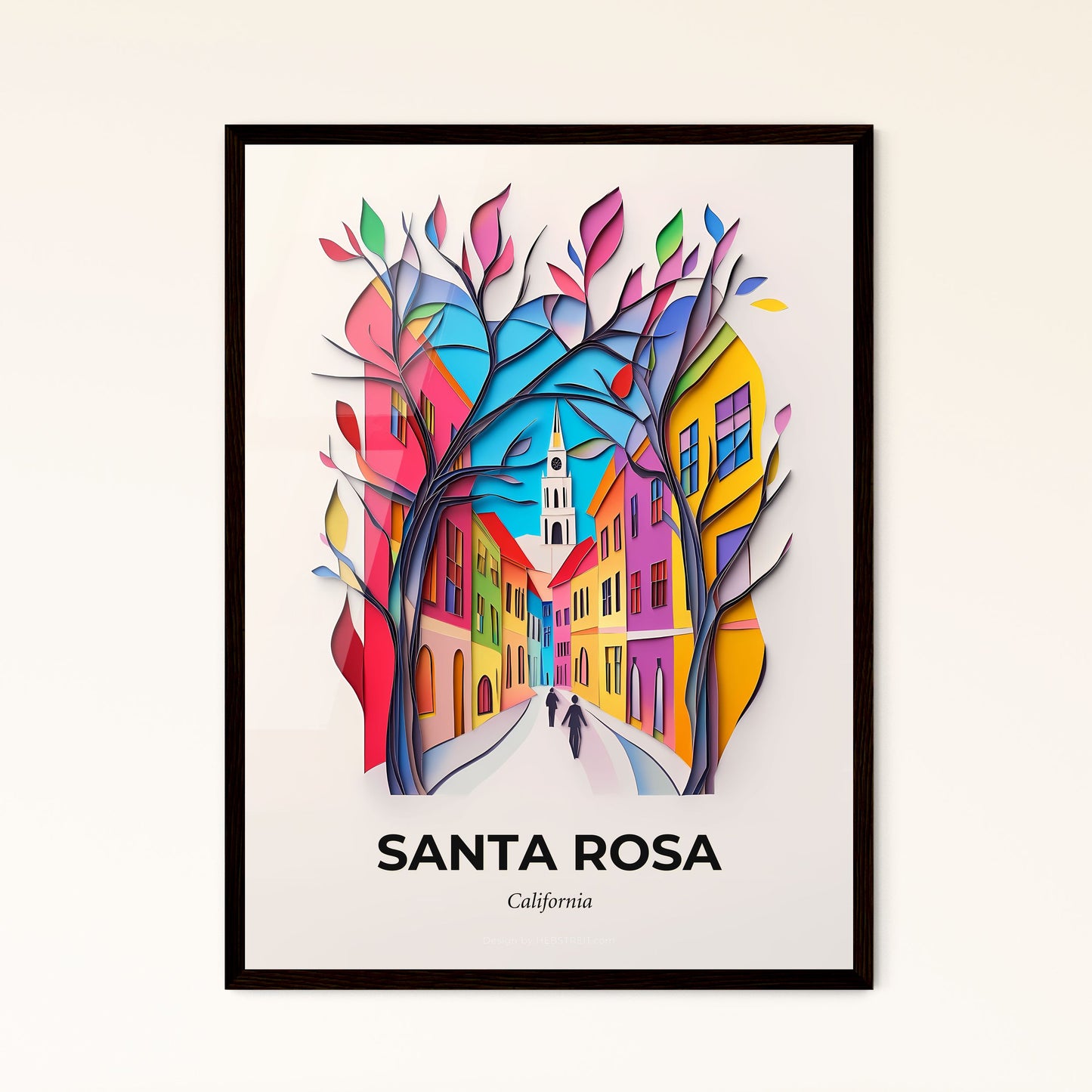 Vivid Santa Rosa, California - a paper cut of a city street with a church steeple