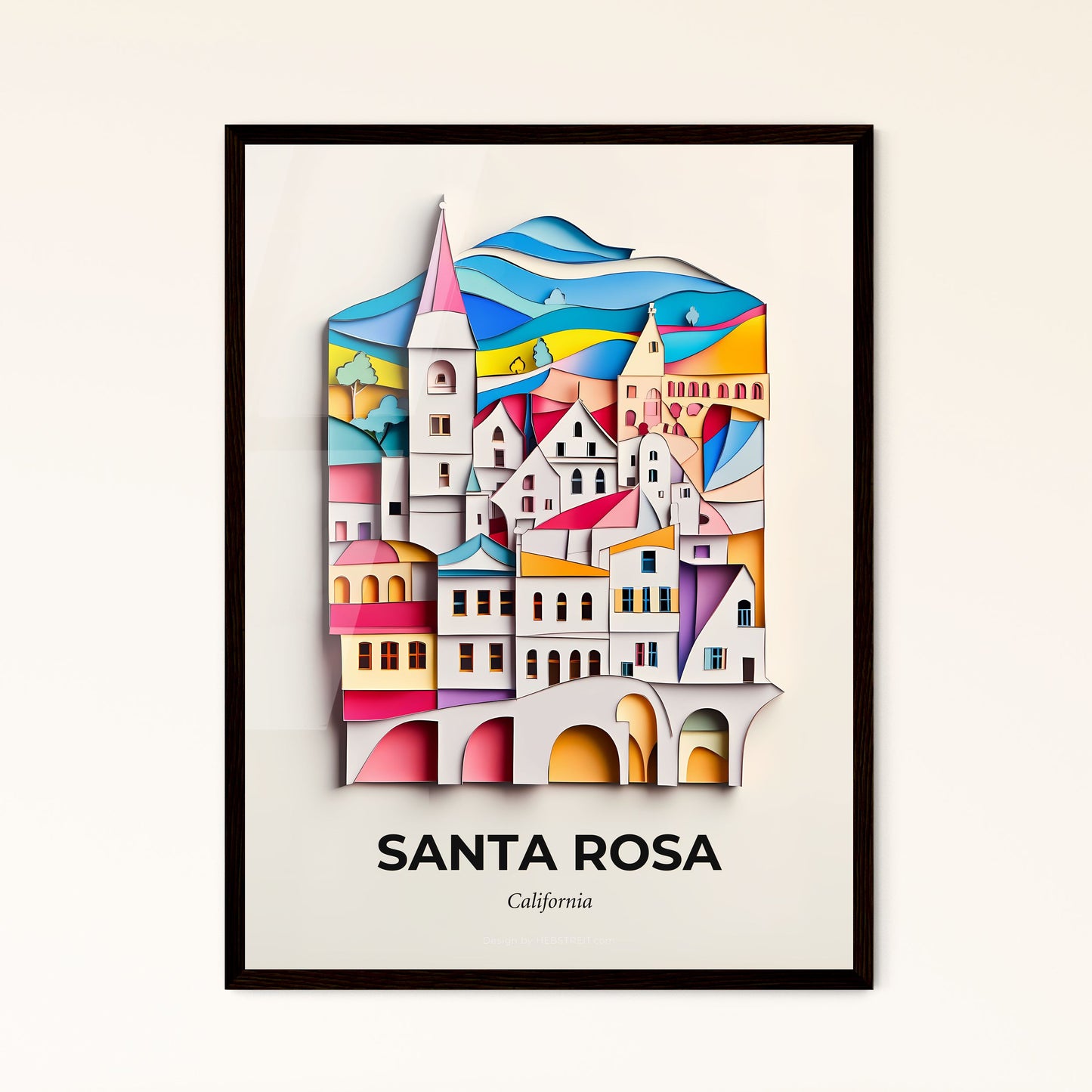 Vivid Santa Rosa, California - a paper cut of a city with a clock tower