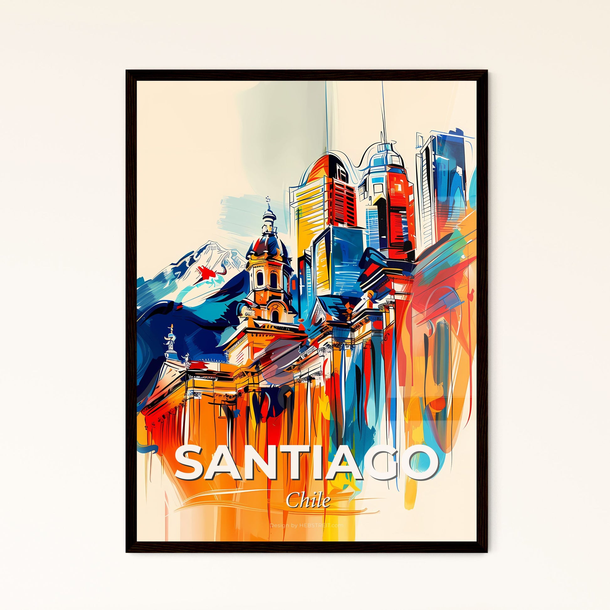 Vibrant Santiago, Chile - A Painting Of A Building With A Mountain In The Background