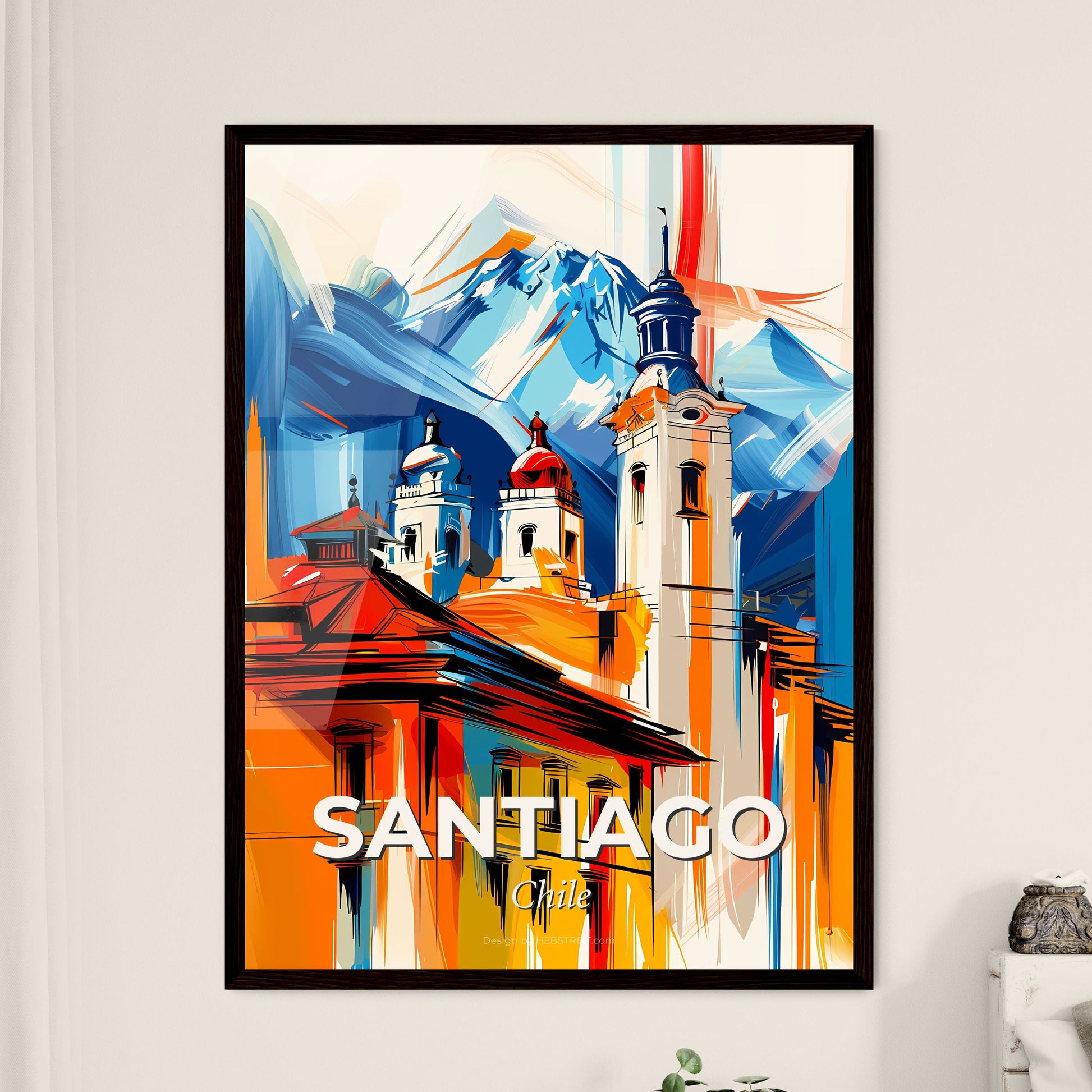 Vibrant Santiago, Chile - A Painting Of A Building With A Mountain In The Background