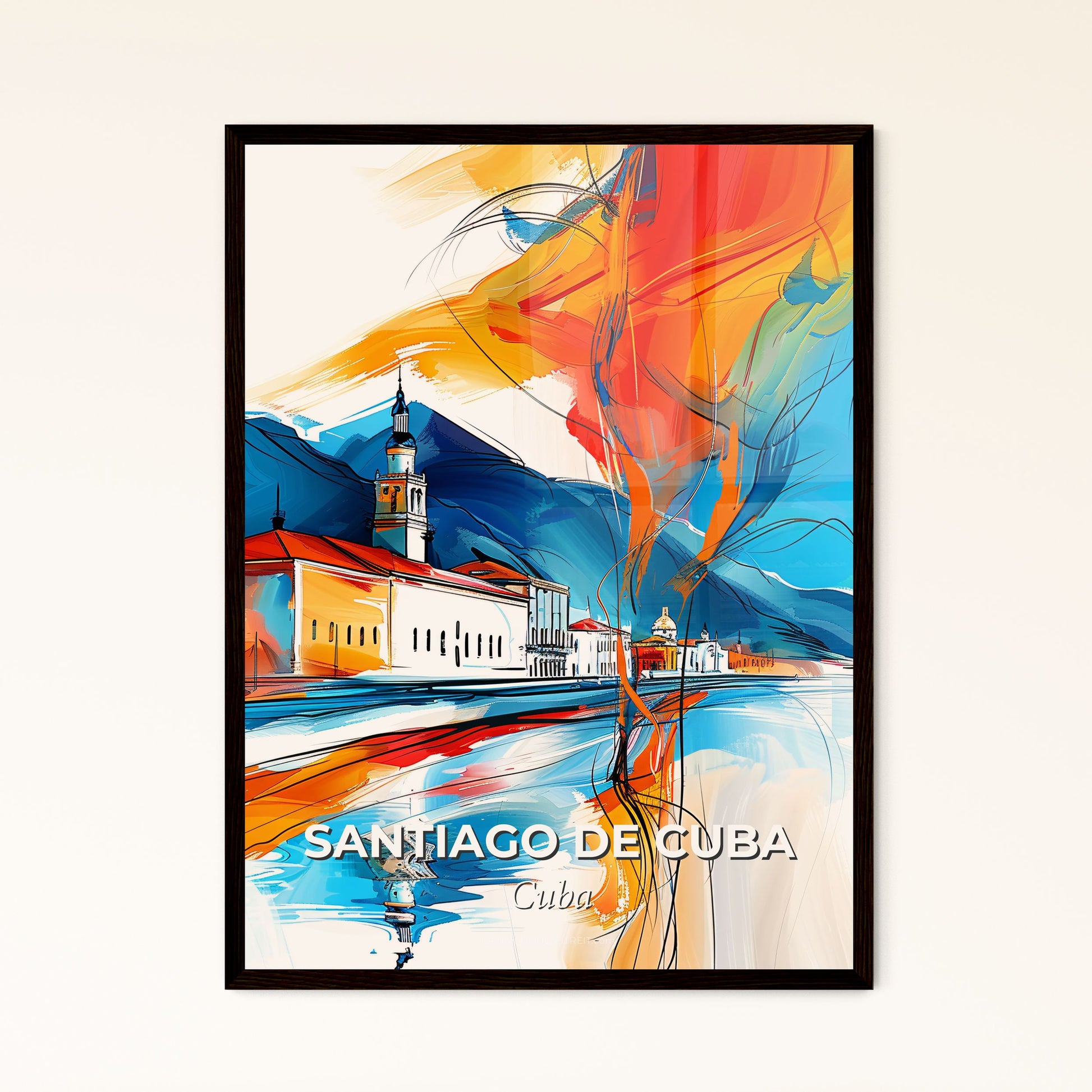 Vibrant Santiago De Cuba, Cuba - A Painting Of A Building And A Mountain