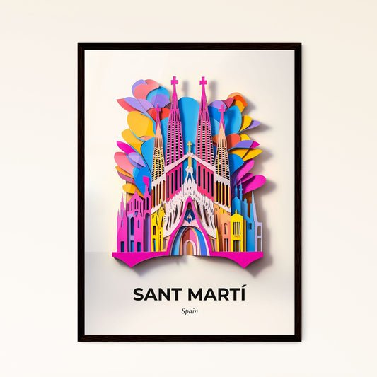 Vivid Sant Martí, Spain - a colorful paper cut of a church with a rainbow sky