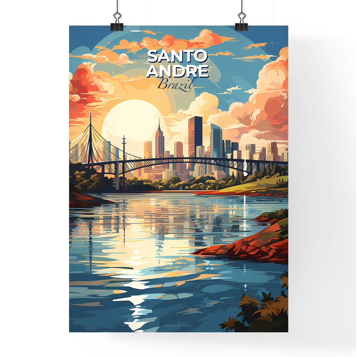 Vibrant Cityscape Painting: Santo Andre Brazil Skyline Bridge River City Art Default Title