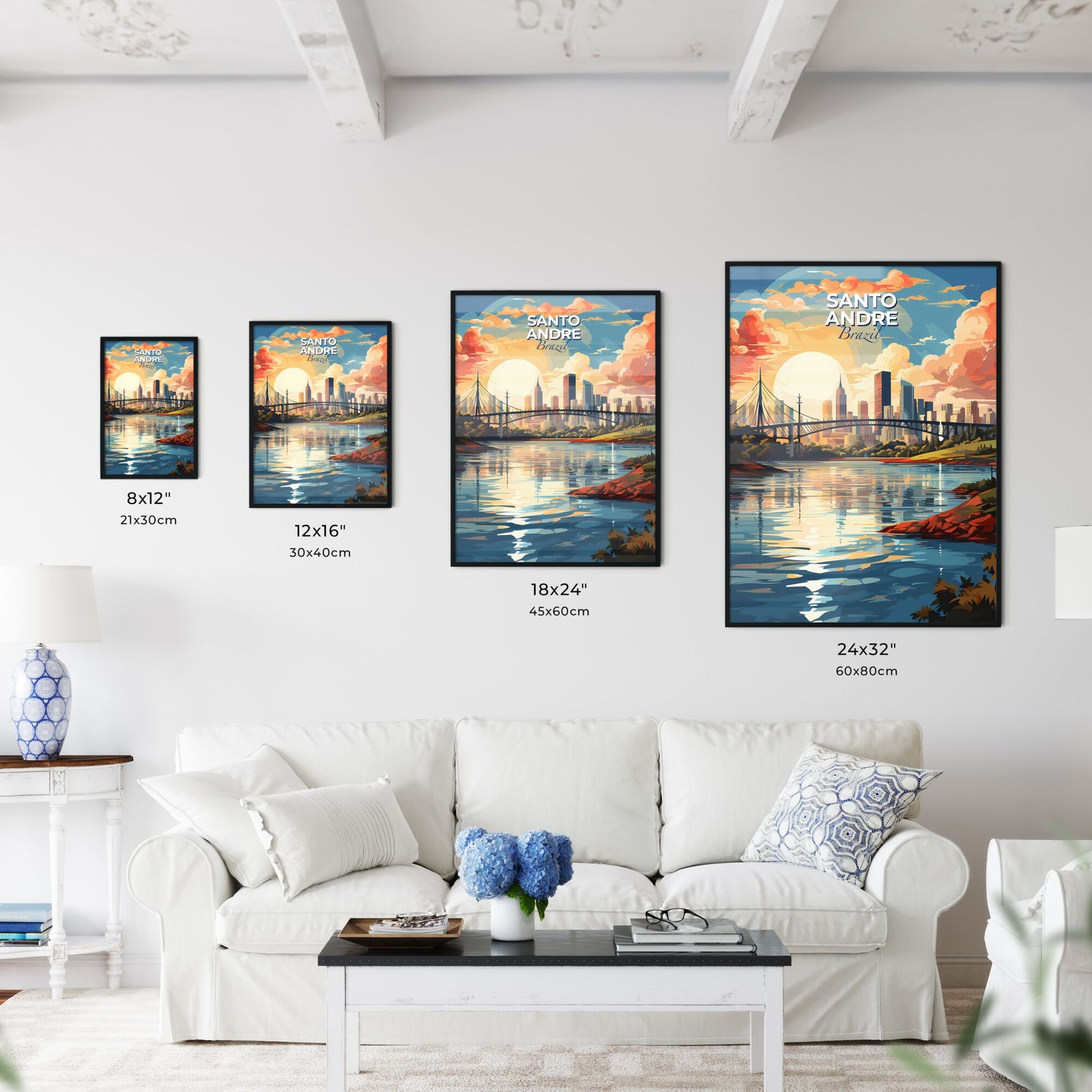 Vibrant Cityscape Painting: Santo Andre Brazil Skyline Bridge River City Art Default Title