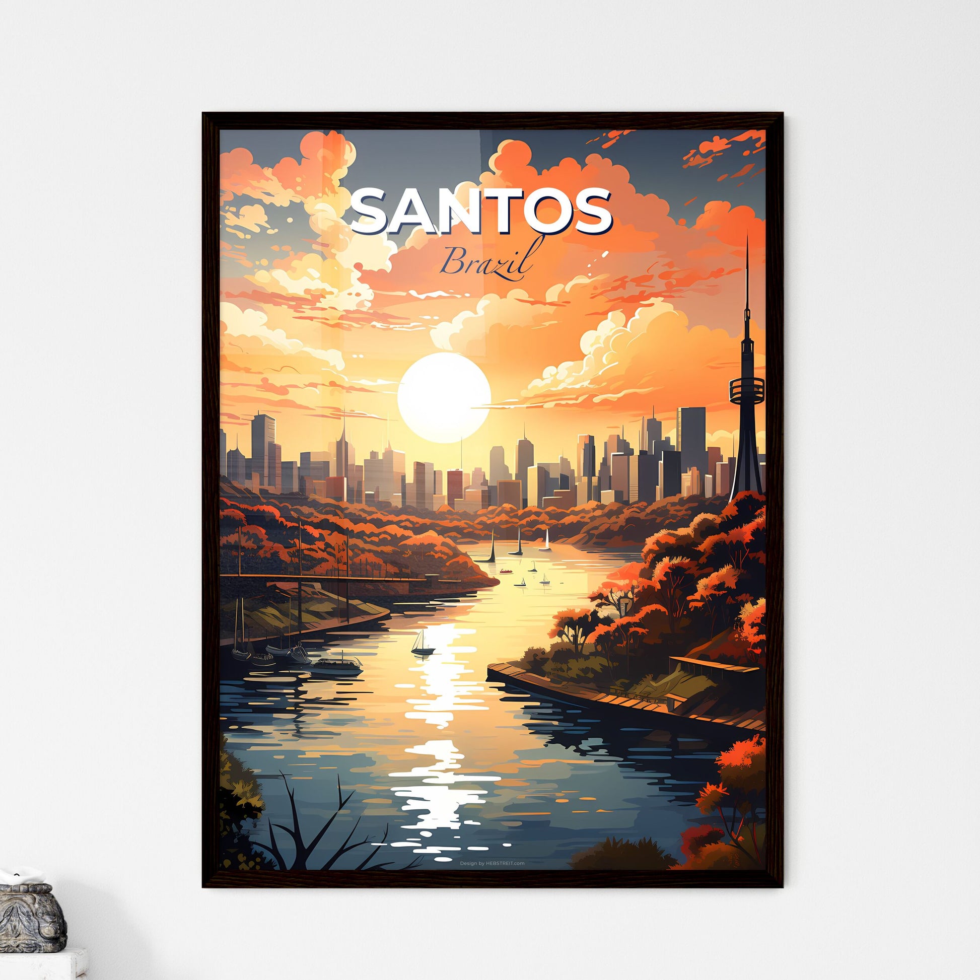 Vibrant Art Painting of Santos Brazil Skyline with River and Bridge Default Title