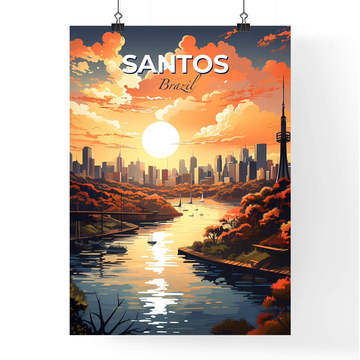 Vibrant Art Painting of Santos Brazil Skyline with River and Bridge Default Title