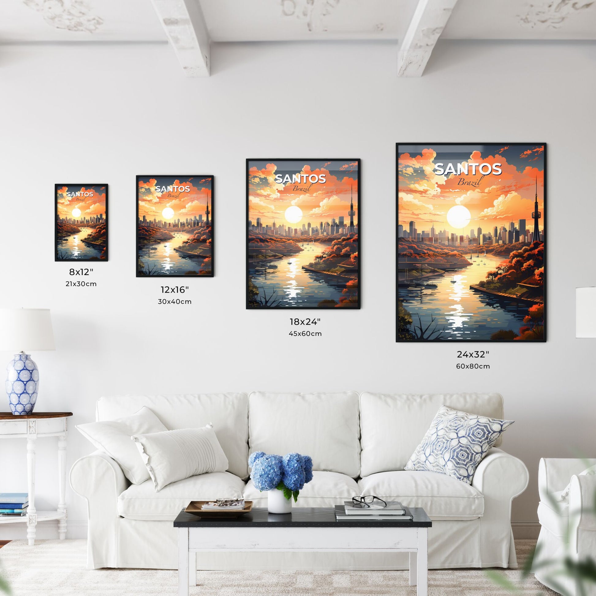 Vibrant Art Painting of Santos Brazil Skyline with River and Bridge Default Title