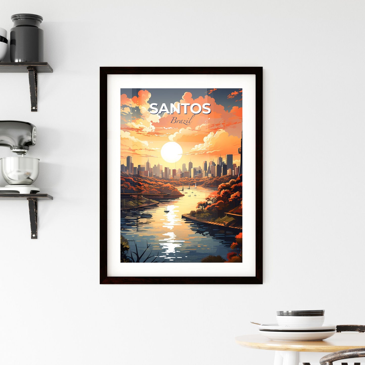 Vibrant Art Painting of Santos Brazil Skyline with River and Bridge Default Title