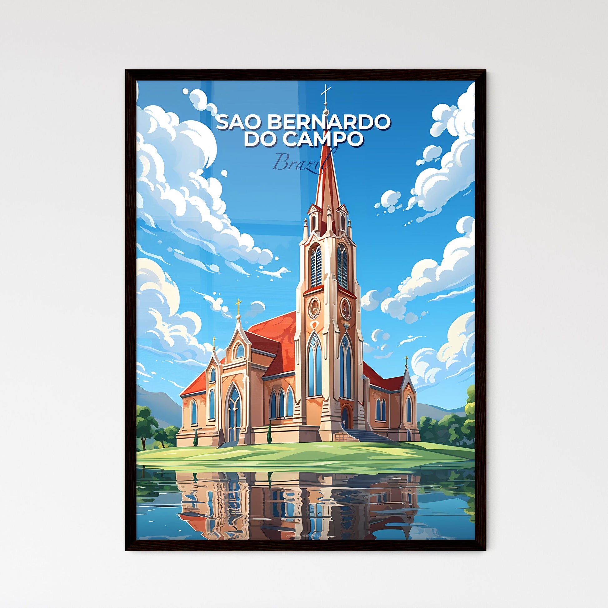 Colorful painting of Sao Bernardo do Campo Brazil skyline featuring a church tower and lake Default Title