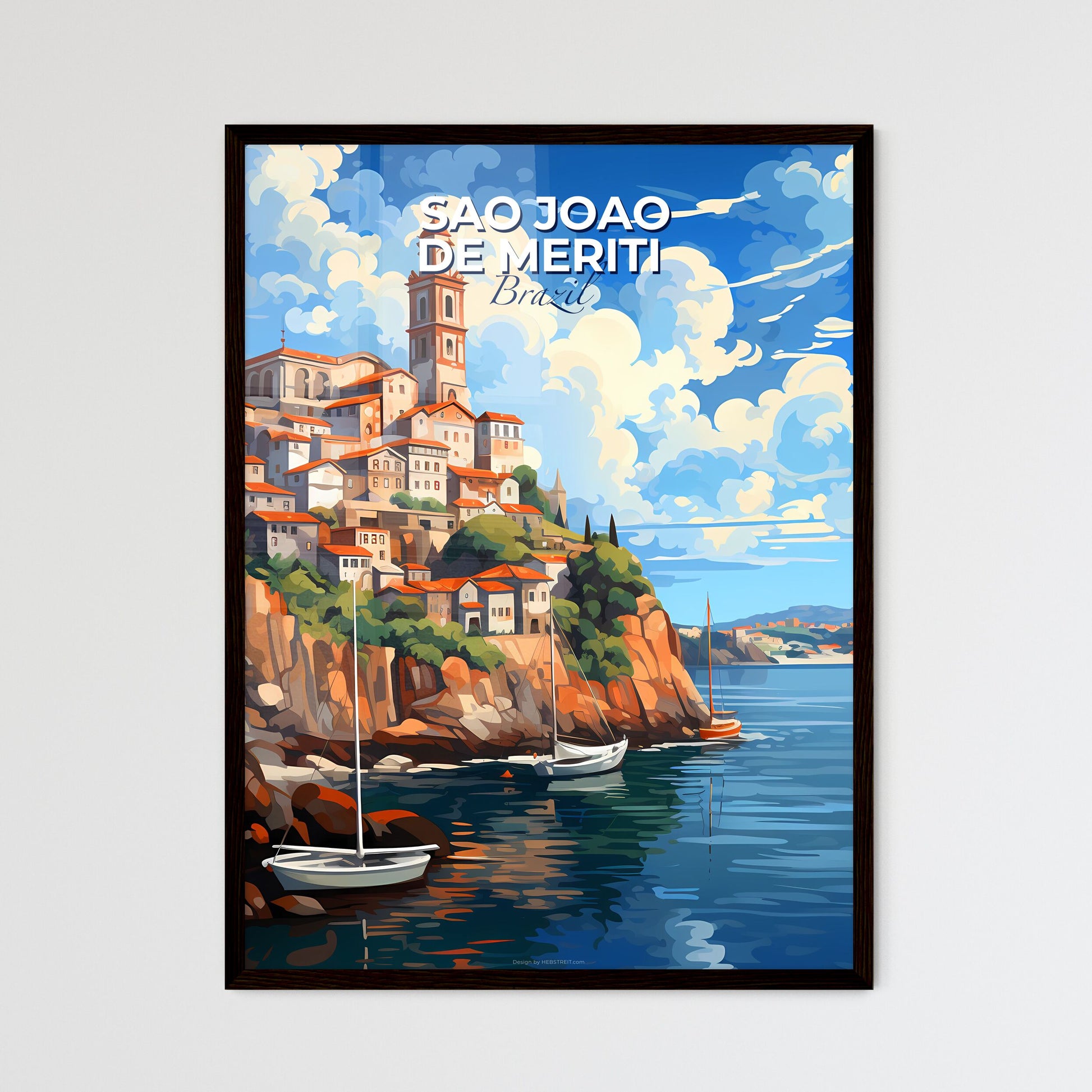 Vibrant Artistic Painting of Sao Joao de Meriti Brazil Skyline with Boats on Water Featuring Ocean Hill Town Architecture in Coastal Brazil Default Title