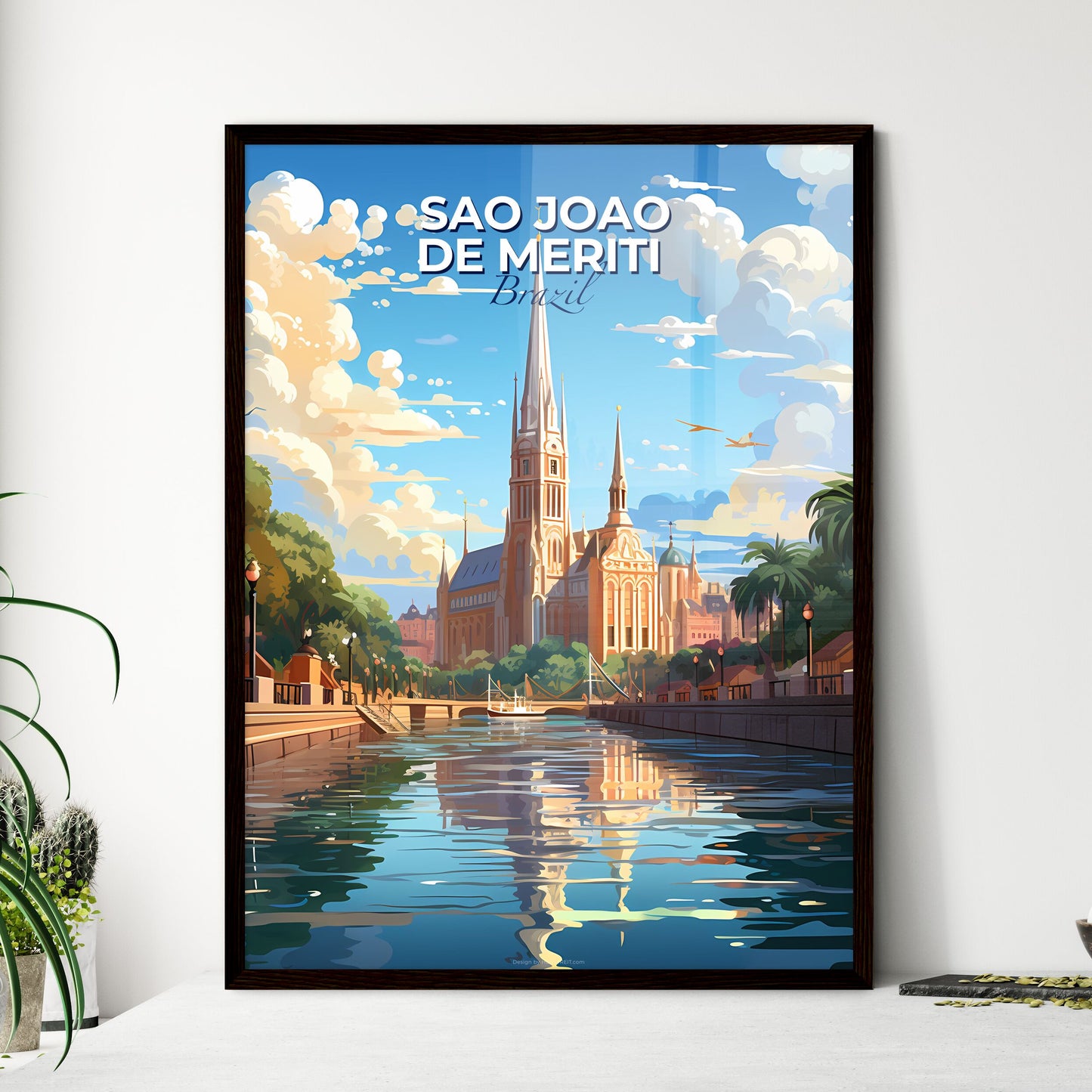 Vibrant Watercolor Painting: Scenic Sao Joao de Meriti Brazil Skyline with Castle and Canal Default Title