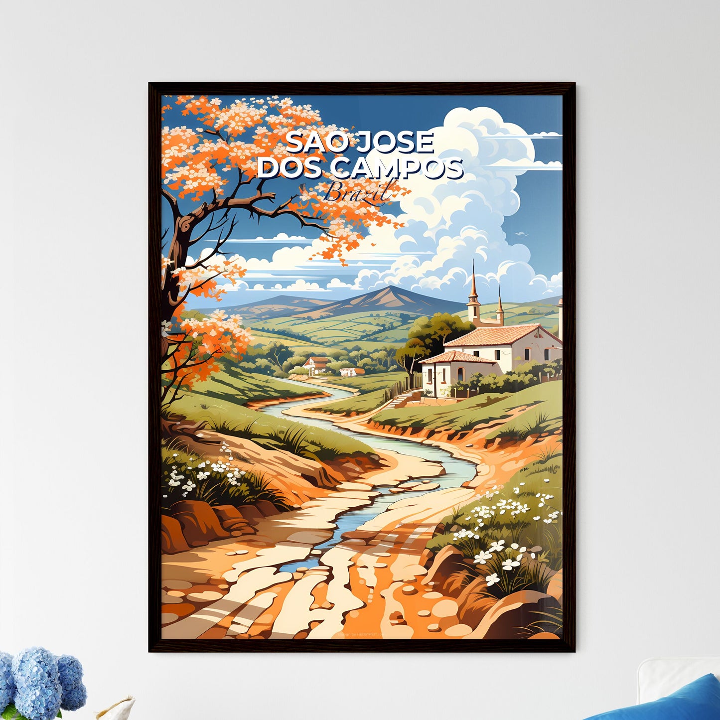 Vibrant River Valley Landscape Painting Depicting Sao Jose dos Campos Brazil Skyline Default Title