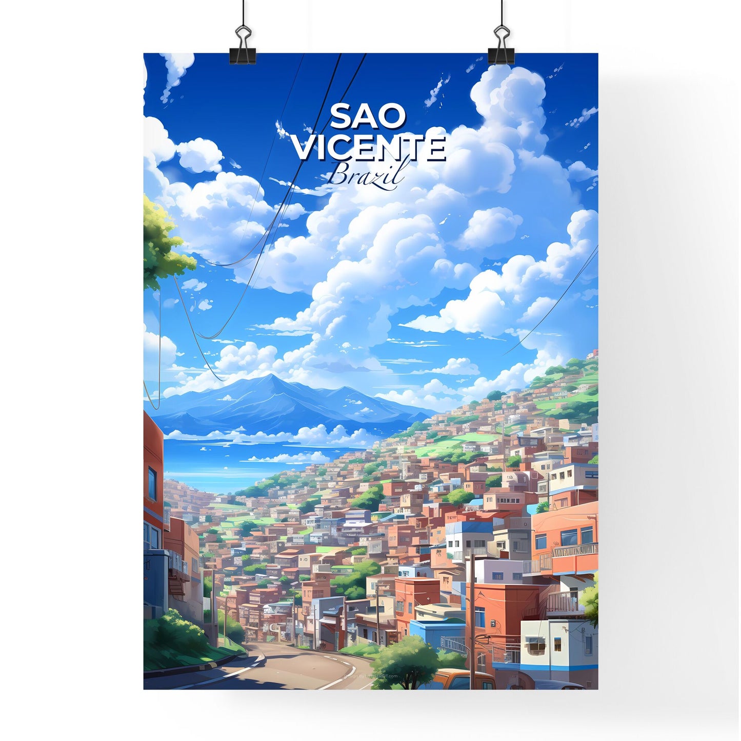 Vibrant Painting Landscape Sao Vicente City Skyline Brazil Hillside Art Default Title