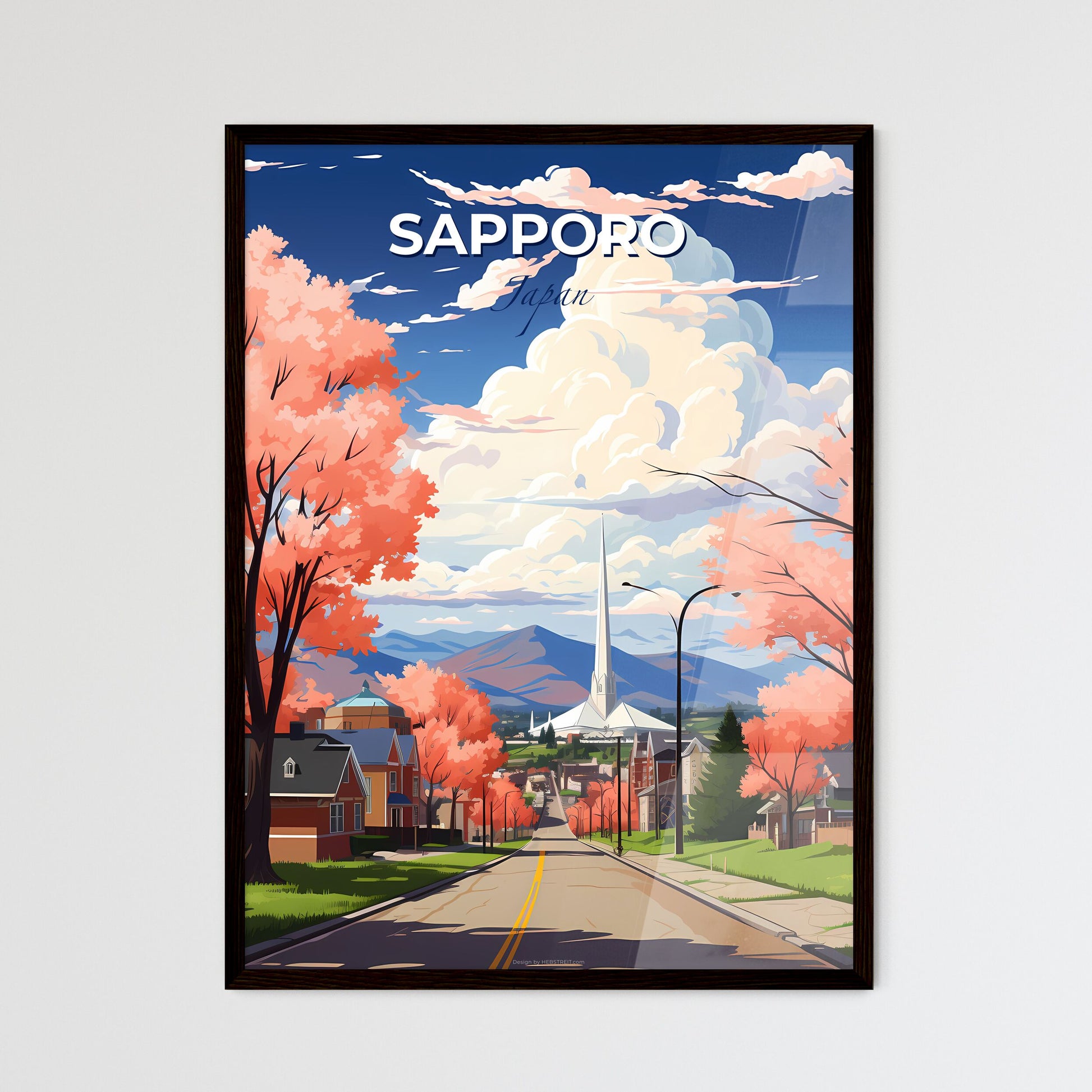 Vibrant Hand-Painted Sapporo Skyline Depicting Pink Trees and a Tower Backdrop Default Title