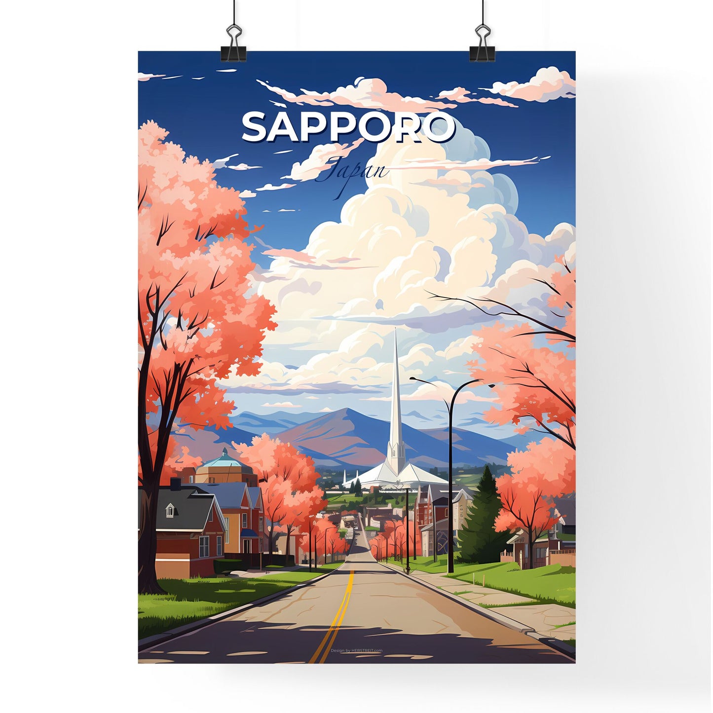 Vibrant Hand-Painted Sapporo Skyline Depicting Pink Trees and a Tower Backdrop Default Title