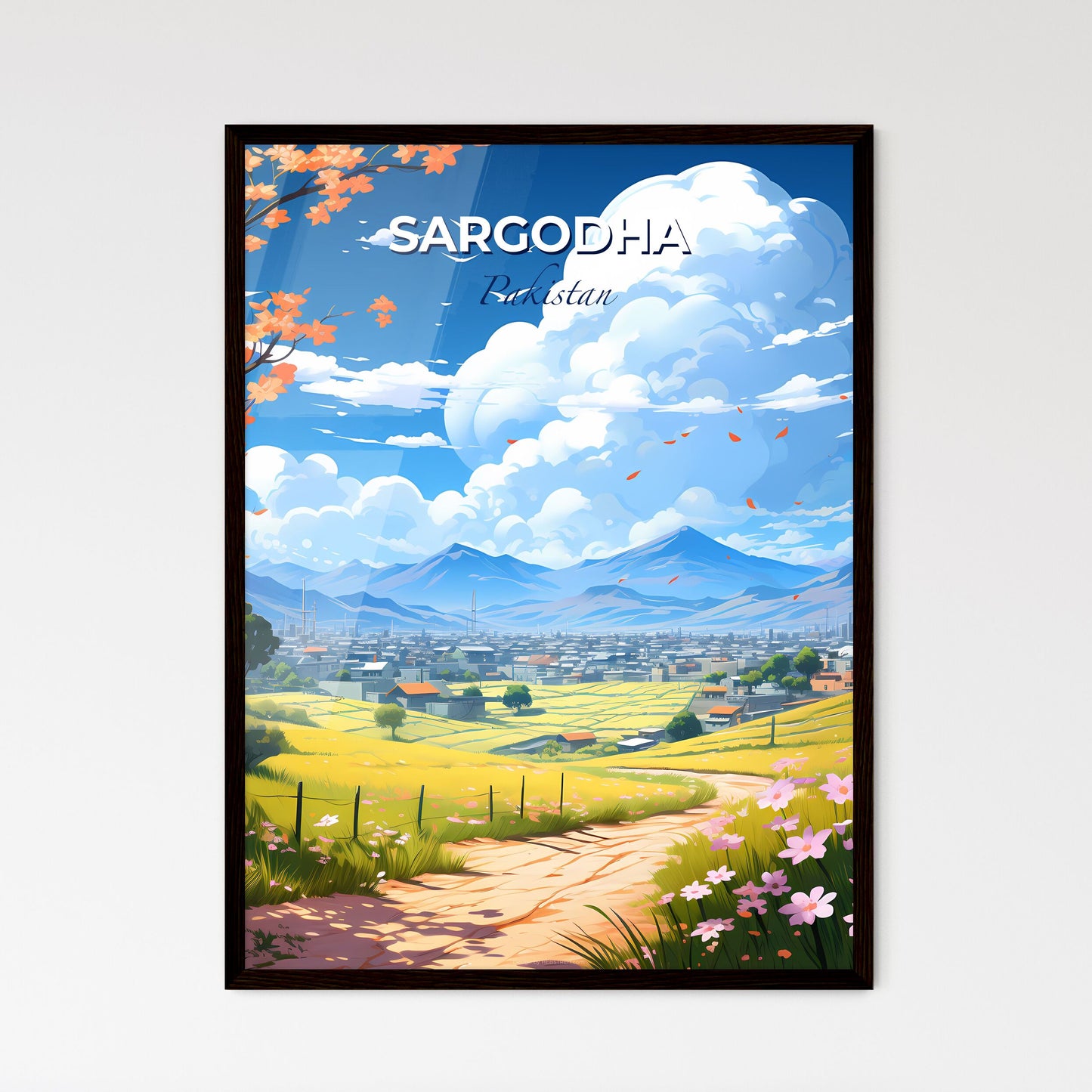 Vibrant Pakistani Sargodha Skyline Landscape Painting with Road and Flowers Default Title