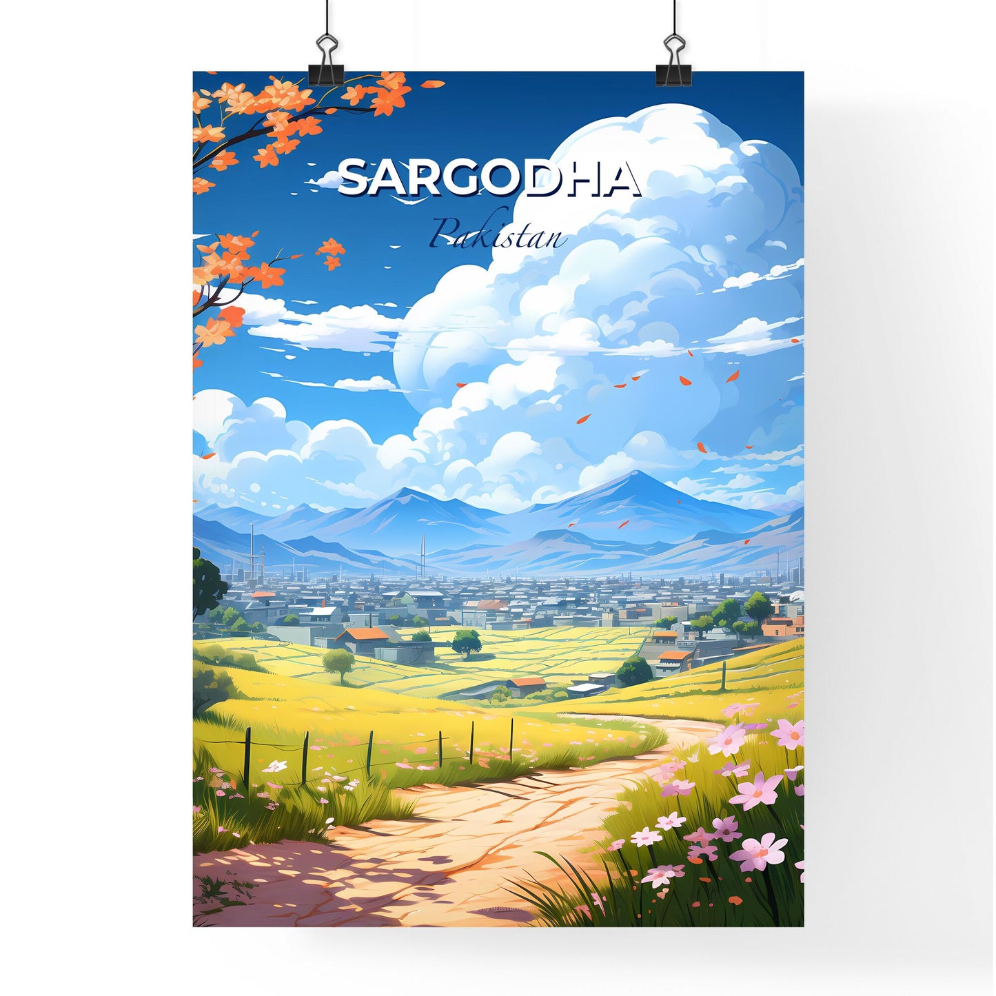 Vibrant Pakistani Sargodha Skyline Landscape Painting with Road and Flowers Default Title