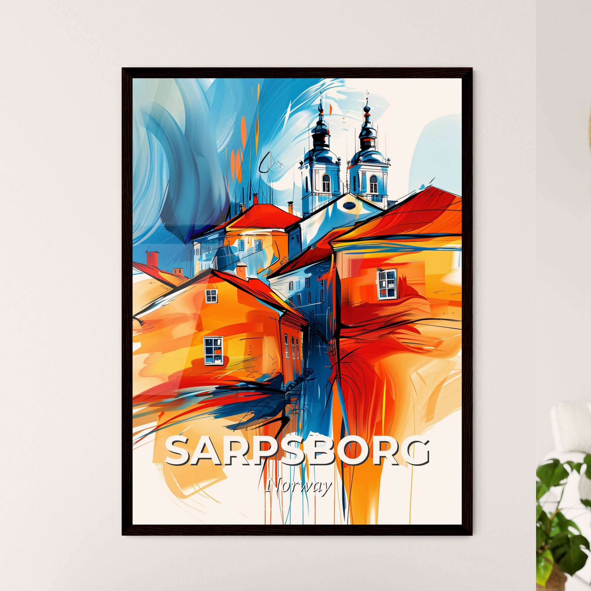 Vibrant Sarpsborg, Norway - A Painting Of A Building With A Steeple