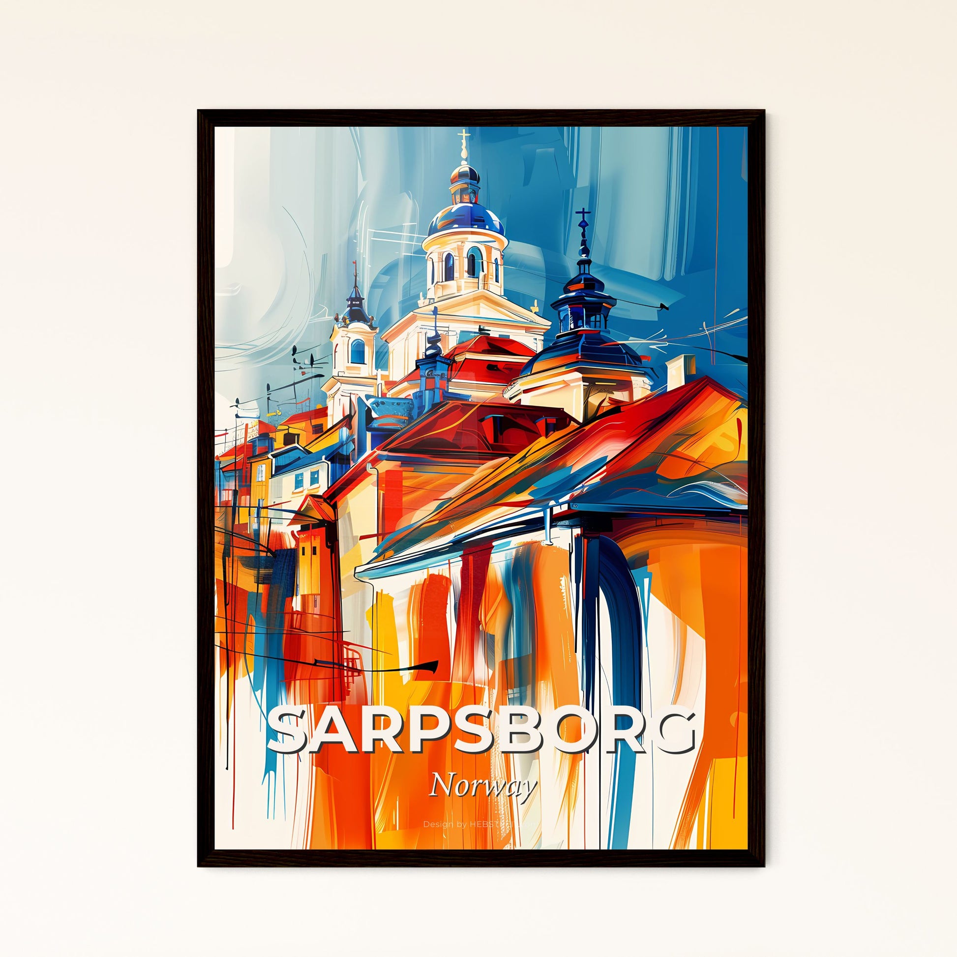 Vibrant Sarpsborg, Norway - A Painting Of A Building With A Tower