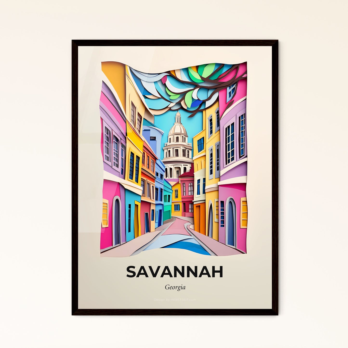 Vivid Savannah, Georgia - a painting of a street with a clock tower in the background