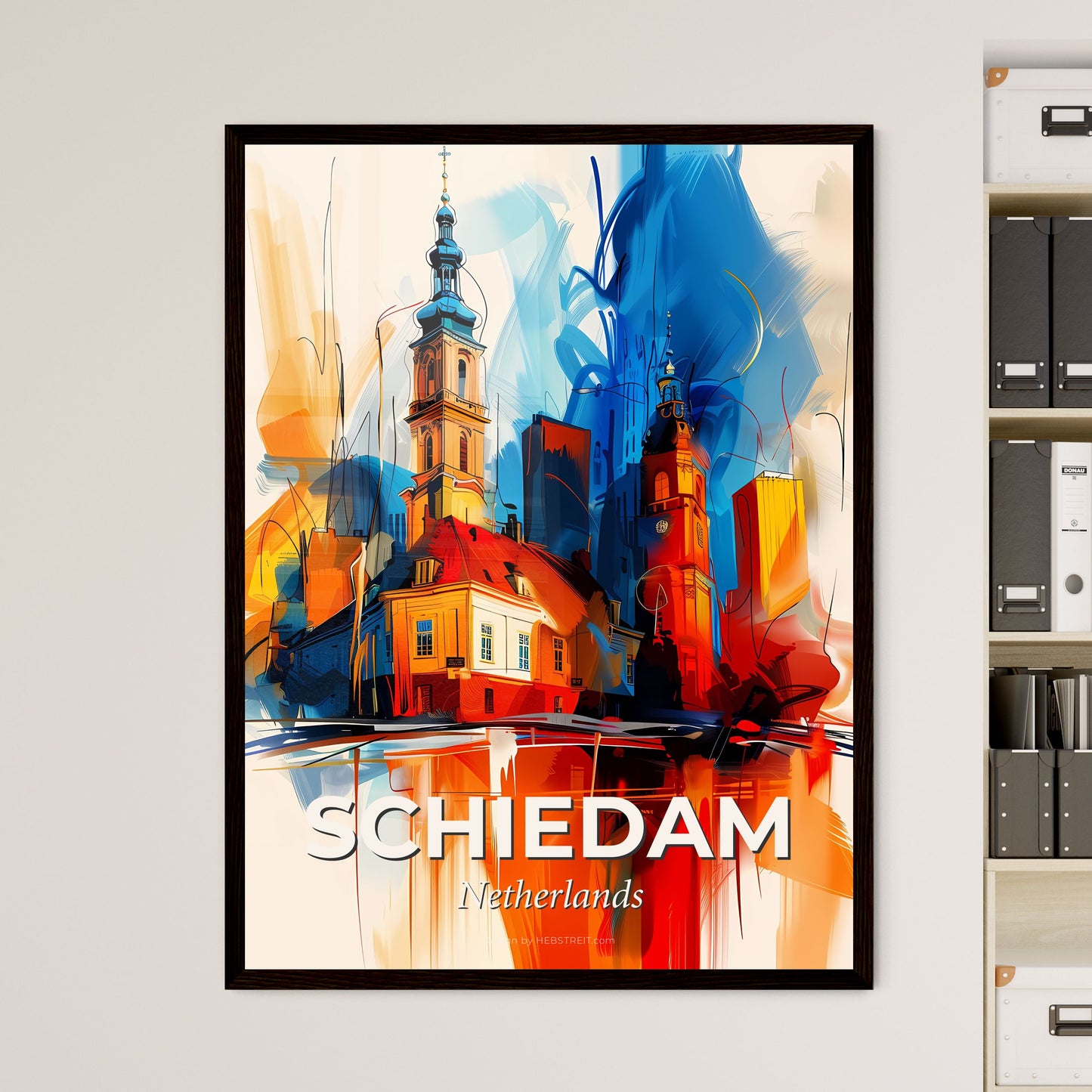 Vibrant Schiedam, Netherlands - A Painting Of A Building With A Tower