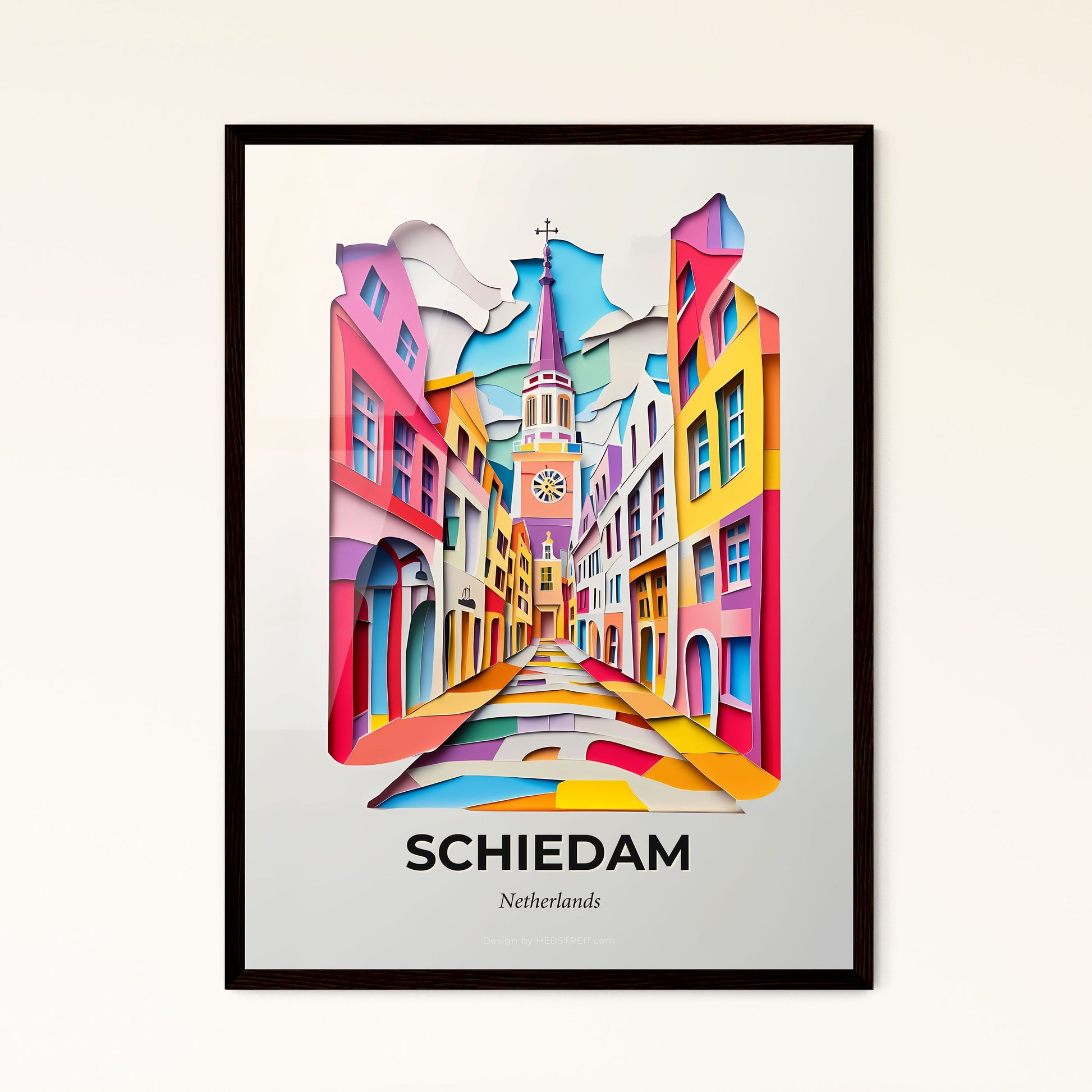 Vivid Schiedam, Netherlands - a colorful city street with a clock tower