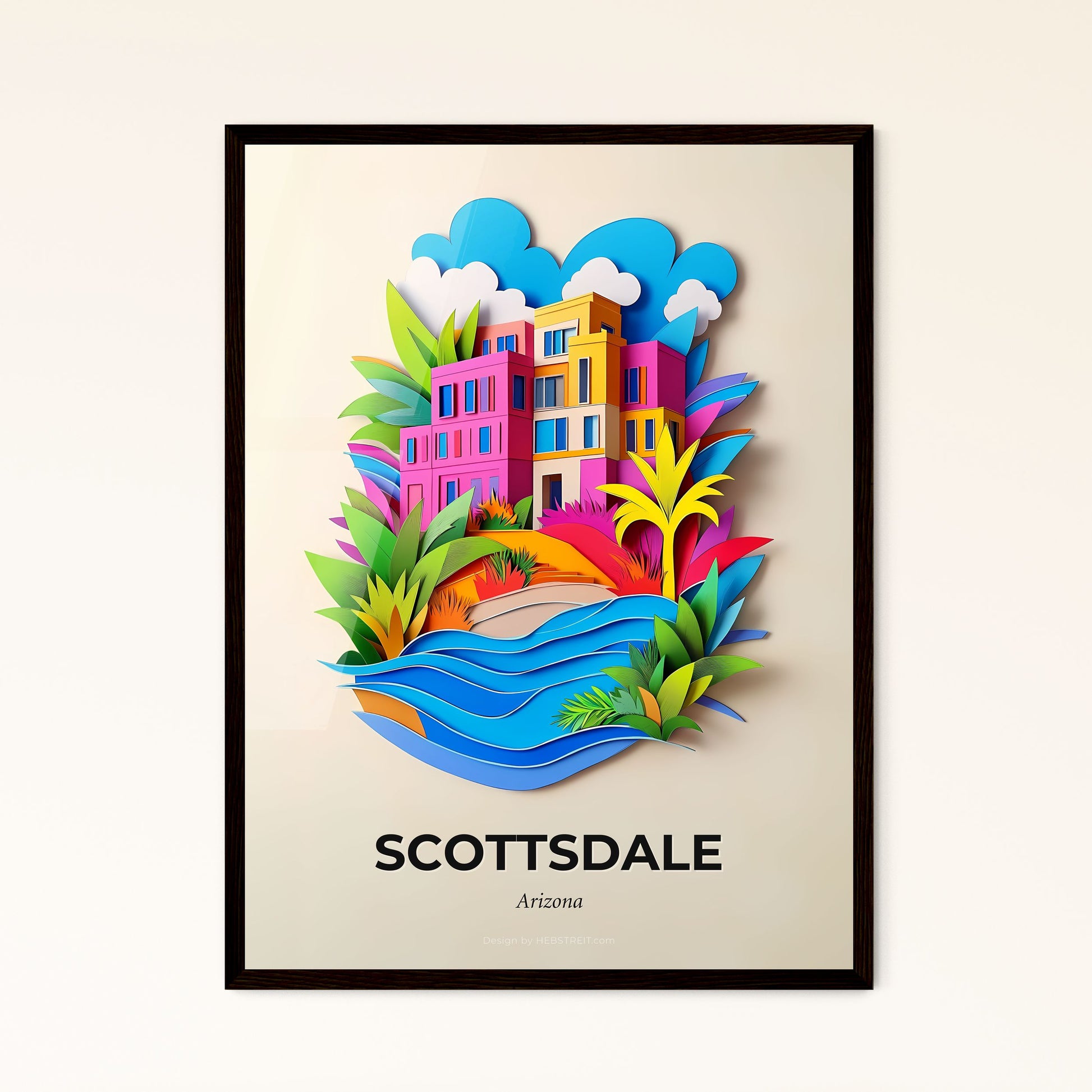 Vivid Scottsdale, Arizona - a paper cut of a beach with buildings and palm trees