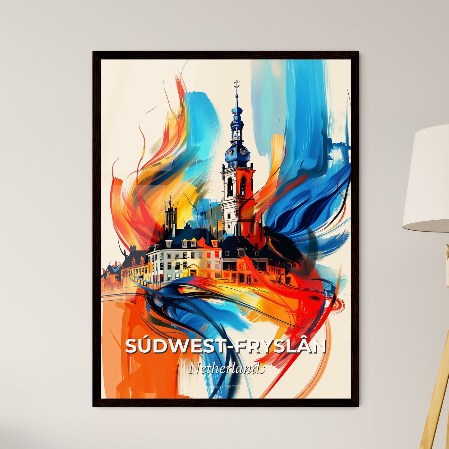 Vibrant Súdwest-Fryslân, Netherlands - A Painting Of A Building With A Tower And Colorful Brushstrokes