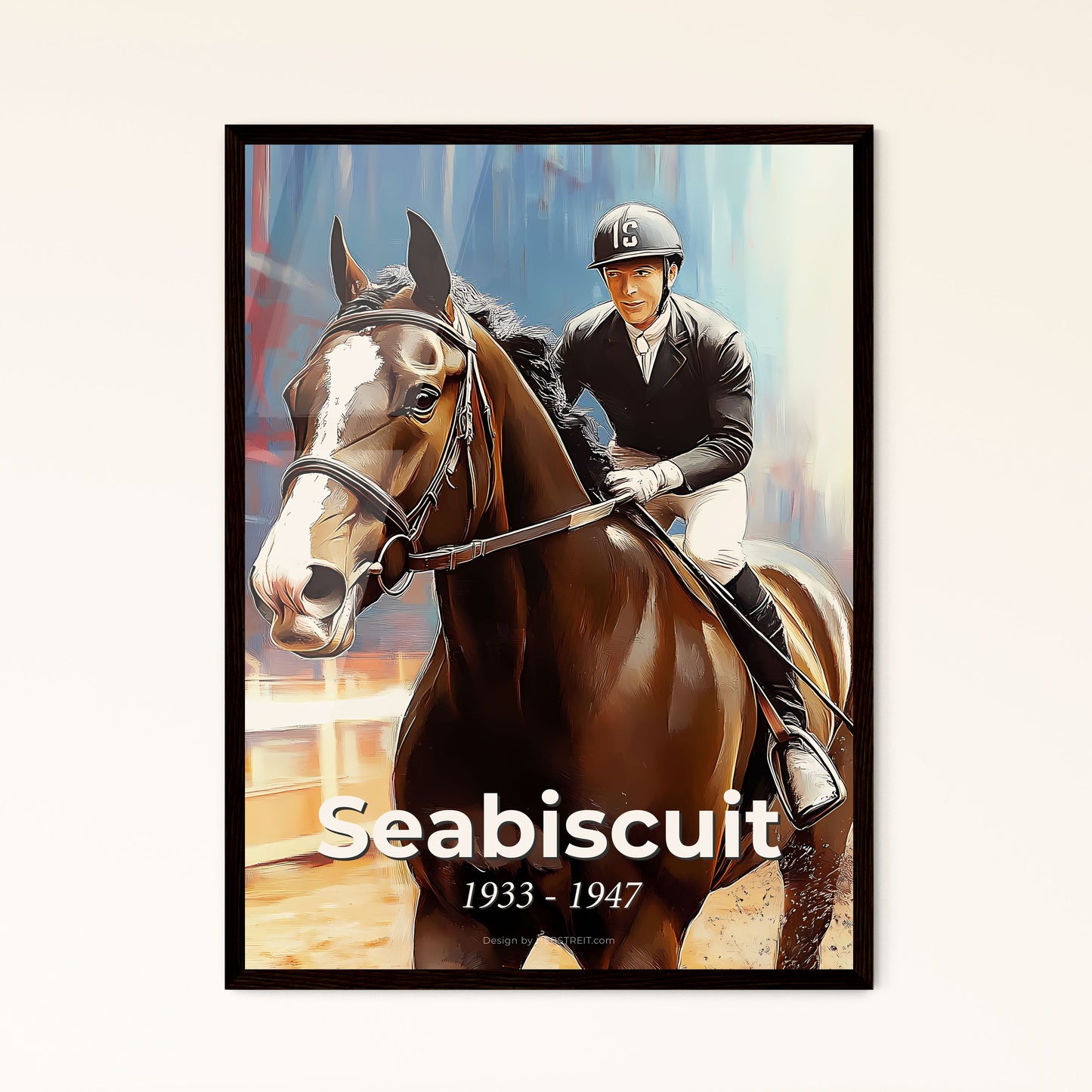 Portrait of Seabiscuit, 1933 - 1947. Impressionistic painting of a man riding a horse.