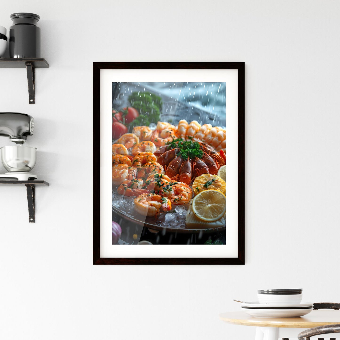 Dramatic Depiction of Seafood Feast: Plate of Sea Delicacies Adorned with Lemons and Tomatoes Against a Vibrant Oceanic Backdrop Default Title