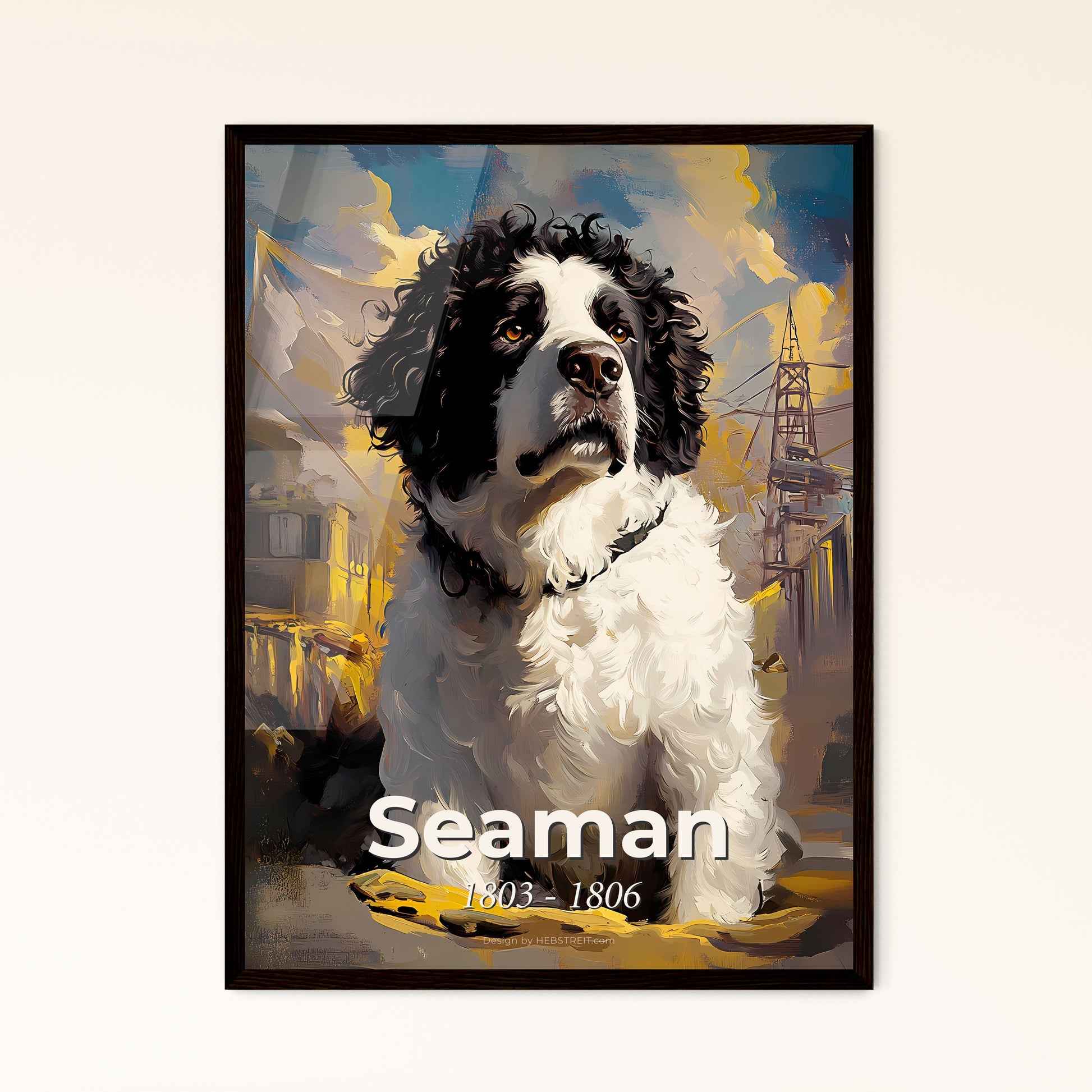 Portrait of Seaman, 1803 - 1806. Impressionistic painting of a dog sitting in a hole.