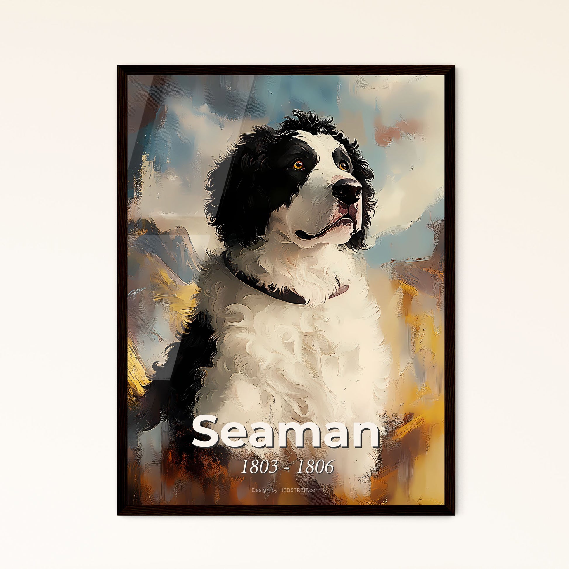 Portrait of Seaman, 1803 - 1806. Impressionistic painting of a black and white dog.