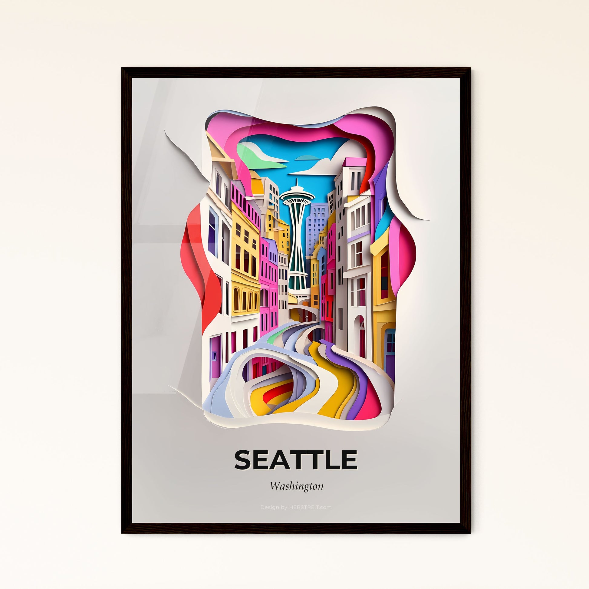 Vivid Seattle, Washington - a paper cut of a city street with a rainbow colored street