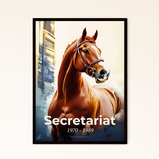 Portrait of Secretariat, 1970 - 1989. Impressionistic painting of a horse with a bridle.