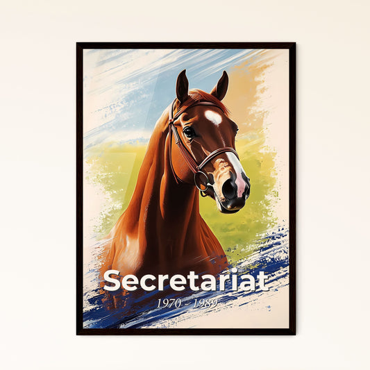 Portrait of Secretariat, 1970 - 1989. Impressionistic painting of a horse with a bridle.